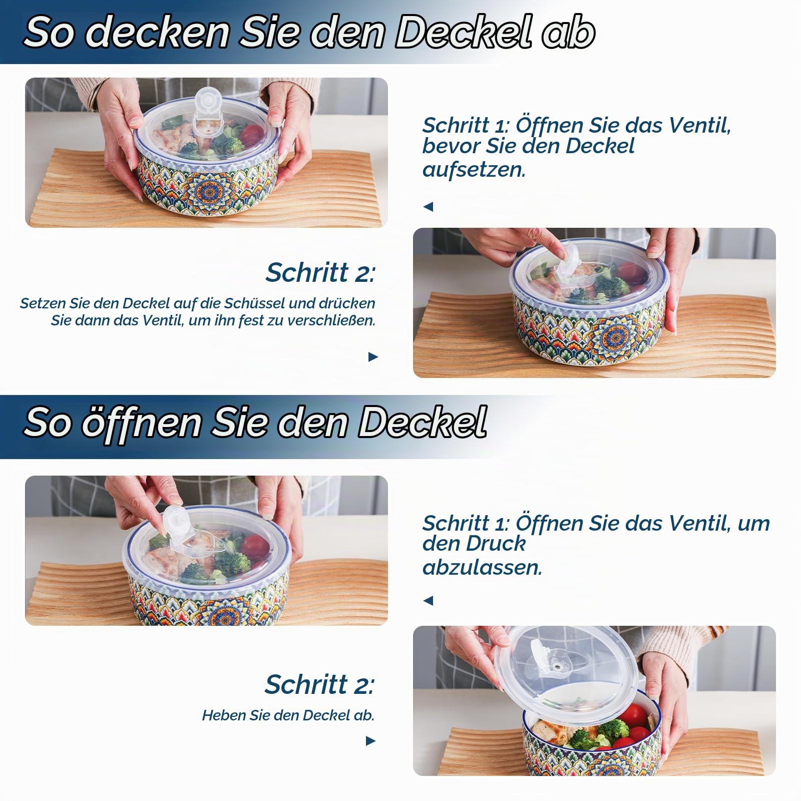 Henten Home Suppenschüssel Set 3er, Salatschüssel/Keramikschüssel mit Deckel - 330ml / 600ml / 950ml, Suppenschalen, Müslischale für Mittagessen, Picknick, Küche, Servierschalen