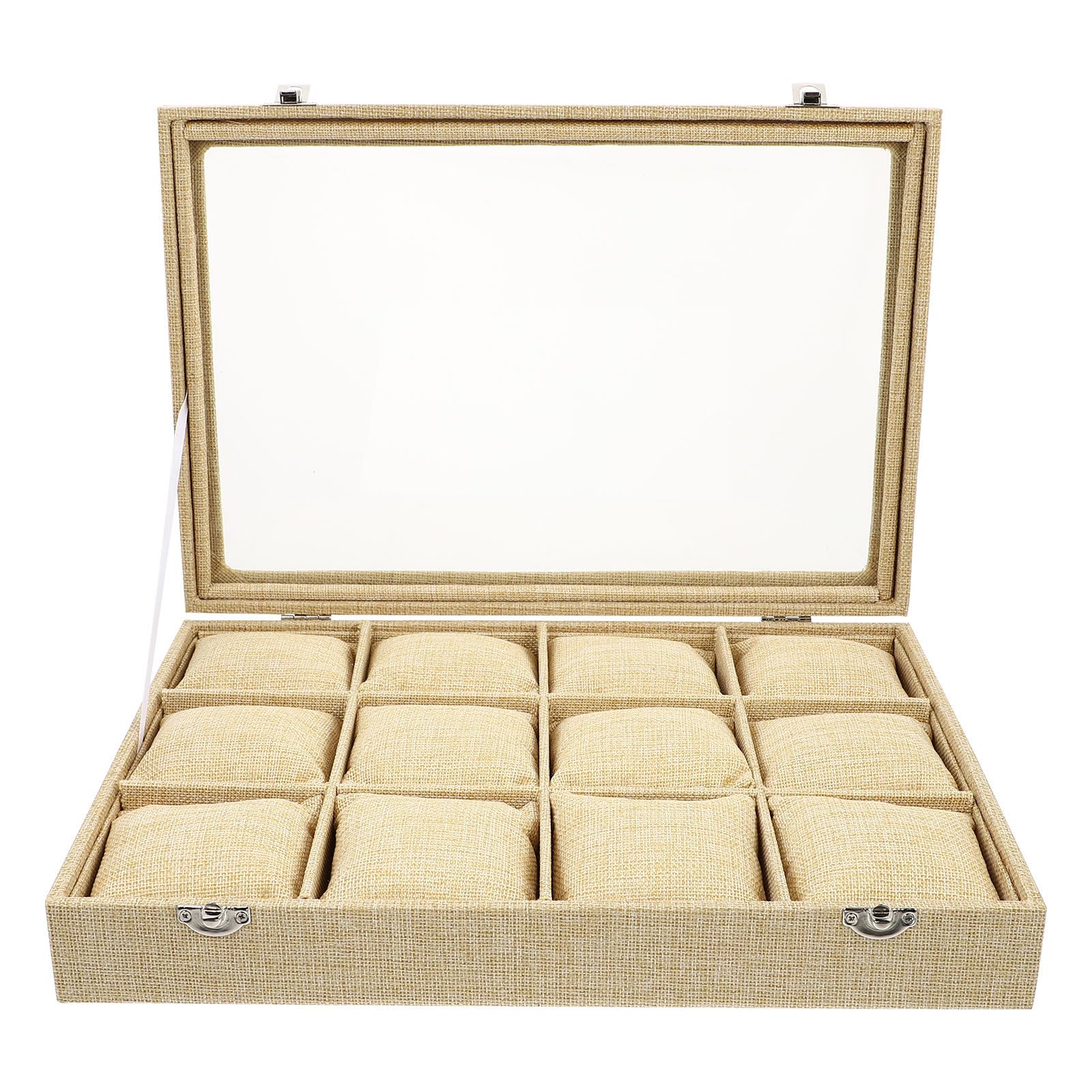 PATKAW Boîte de Rangement pour Montres et Bijoux 12 Compartiments en Matériau Synthétique avec Coussins Kaki, Design Simple et Élégant pour Usage Domestique
