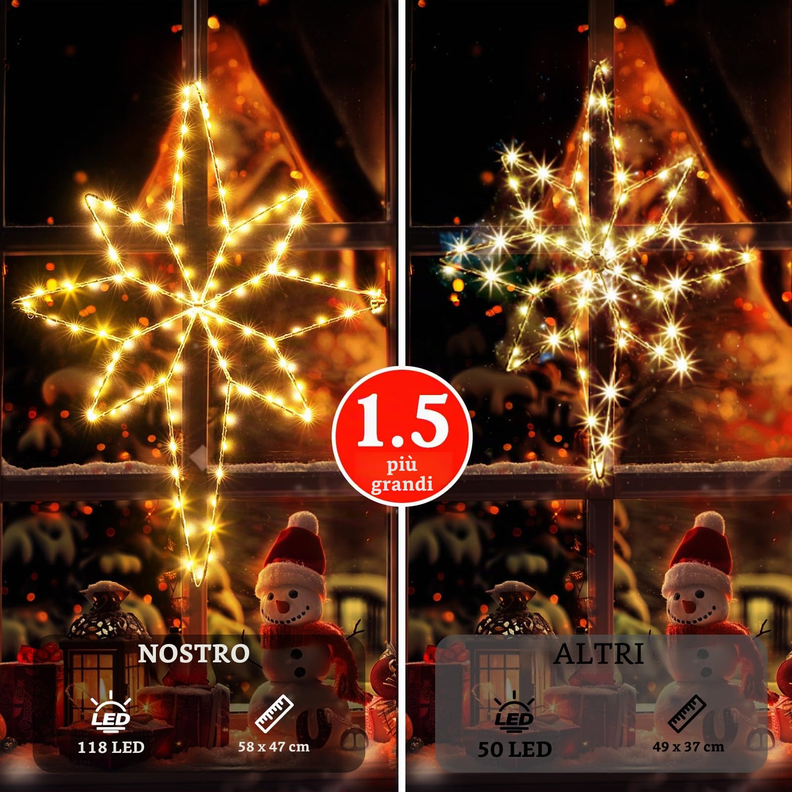 Quntis Confezione da 2 luci a stella di Natale pieghevole, 58 cm Big Star 236 LED decorazione per finestra con batteria gancio per timer, IP44 decorazione natalizia per interni esterni bianco caldo