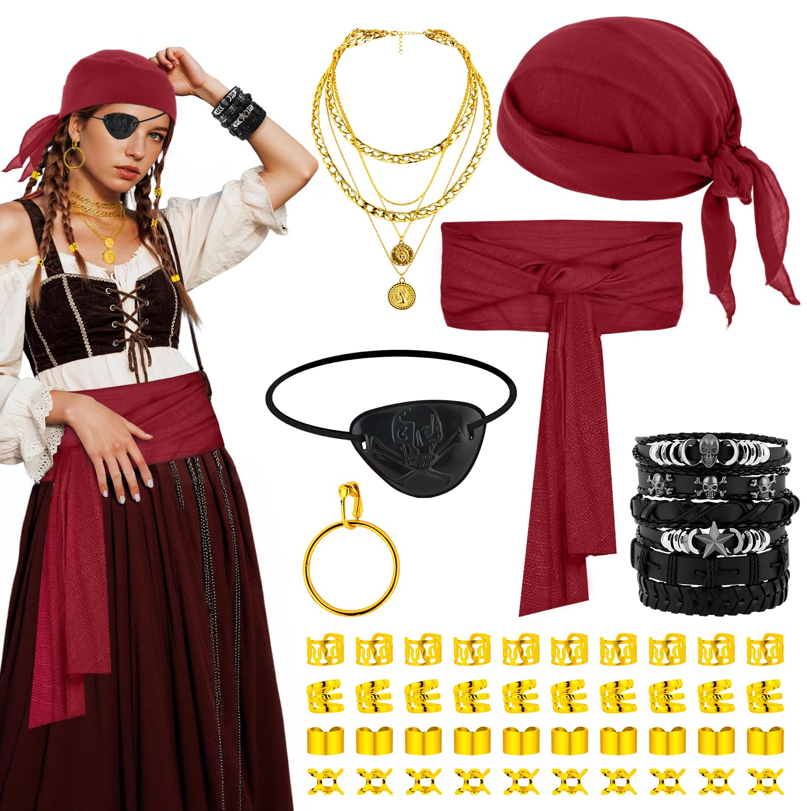 BAIEGOED 51 Pieces Pirate Costume Accessories Set for Adults Women Man Includes Headscarf, Eye Patch, Earrings, Necklace