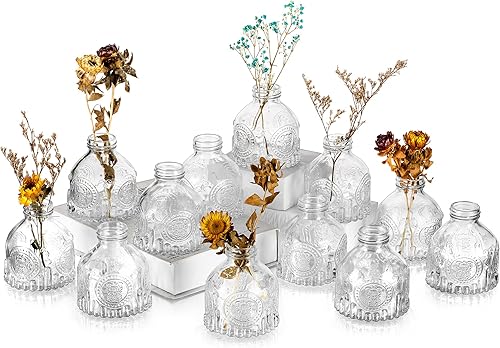 Hewory - Jarrones de cristal para centros de mesa juego de 12 jarrón pequeño vintage a granel mini botellas de vidrio transparente para arreglos