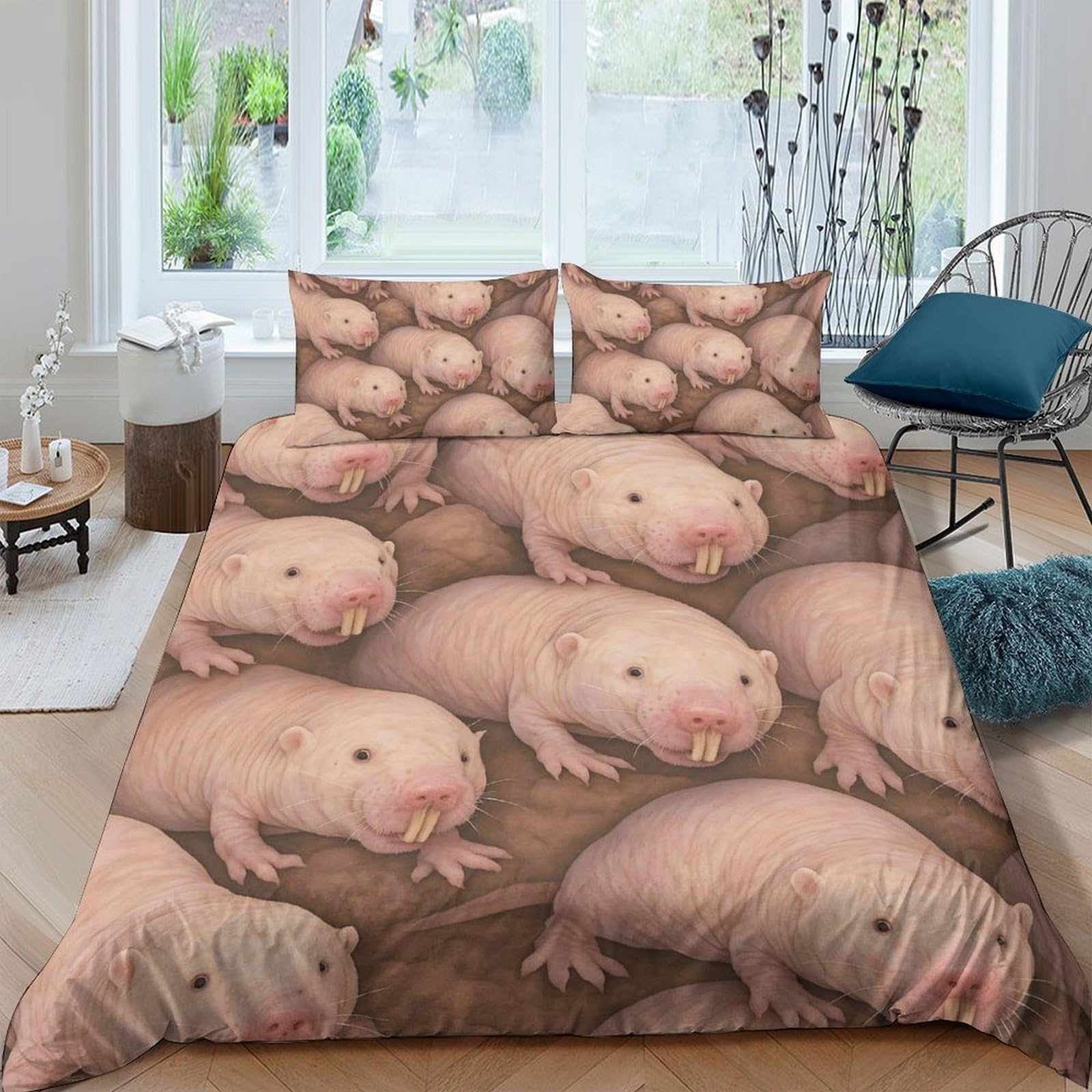 GPLZQXKJNH 3D Printed Naked Mole Rat Duvet Cover Microfiber Soft Breathable Bedding Set with 2 Pillowcases for Bedroom Decor Single（135x200cm）