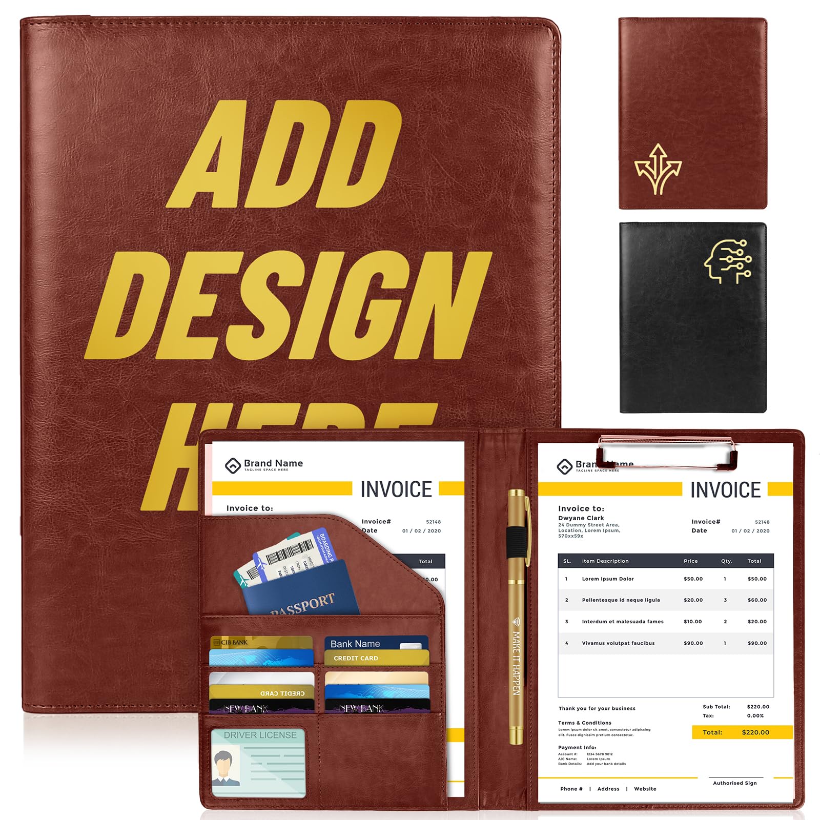 ENOMY Customized A4 Portfolio Folder PU Leather Personalised Certificate Folder with Name/Logo Executive Document Holder for Office Business Men Women Ideal Conference & Gift Brown