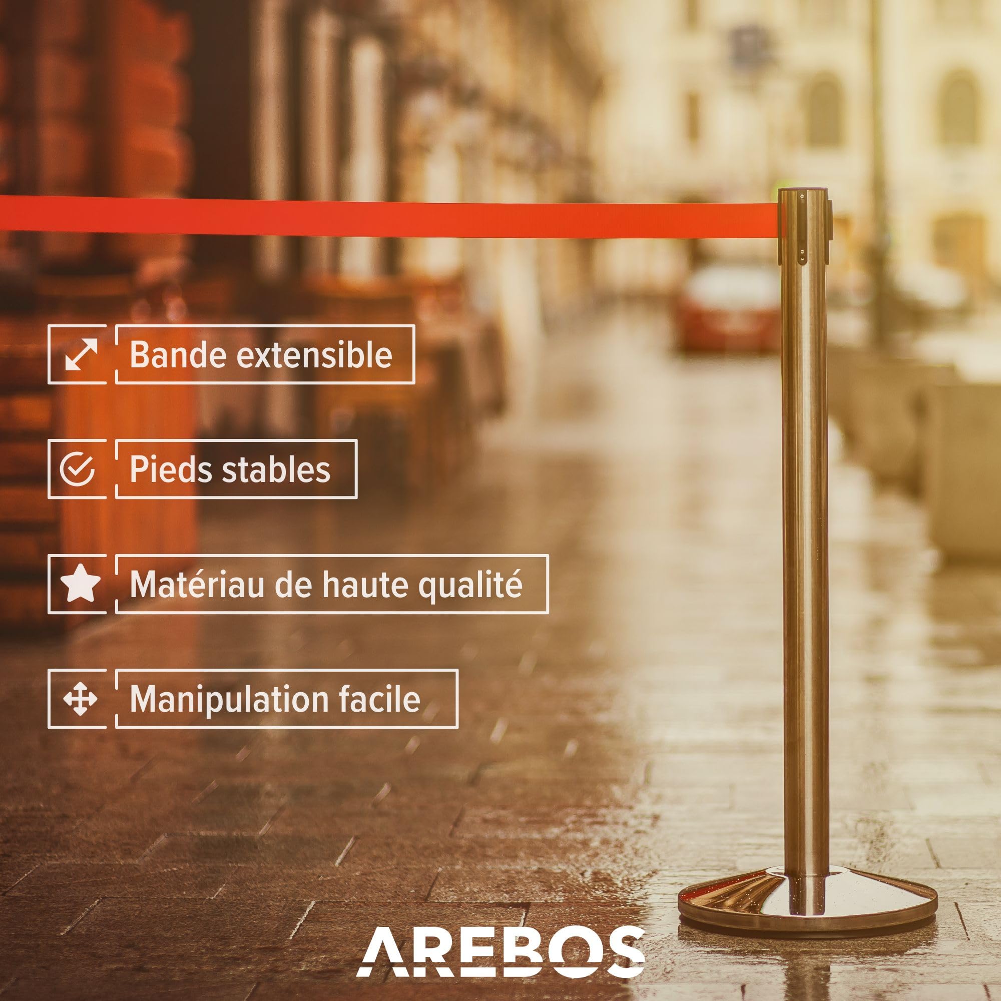 Arebos Barrières de sécurité Rétractable Poteaux de Guidage avec Cordes Rouge Argenté Système de Balisage