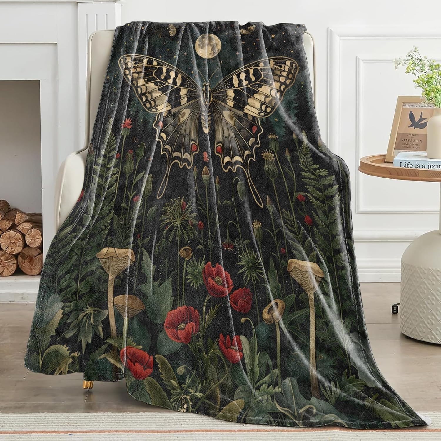 Butterfly Blanket Golden Butterflies and Moonlit Forest Throw Blankets with Red Flower and Star Lightweight Flannel Throws for Couch Chair Bed Home Decor Gifts for Adults,60x50inch - Image 2