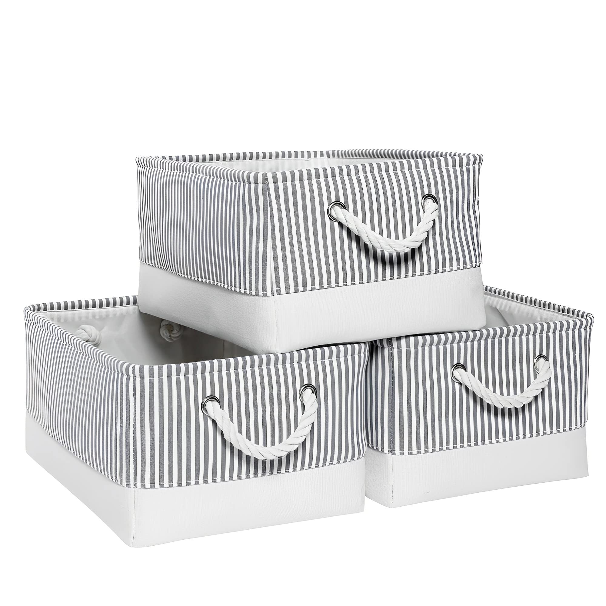 Mangata Fabric Storage Boxes, Large Storage Baskets 41x31x20cm with Rope Handles, 3 Pack (Grey Stripe, Large)