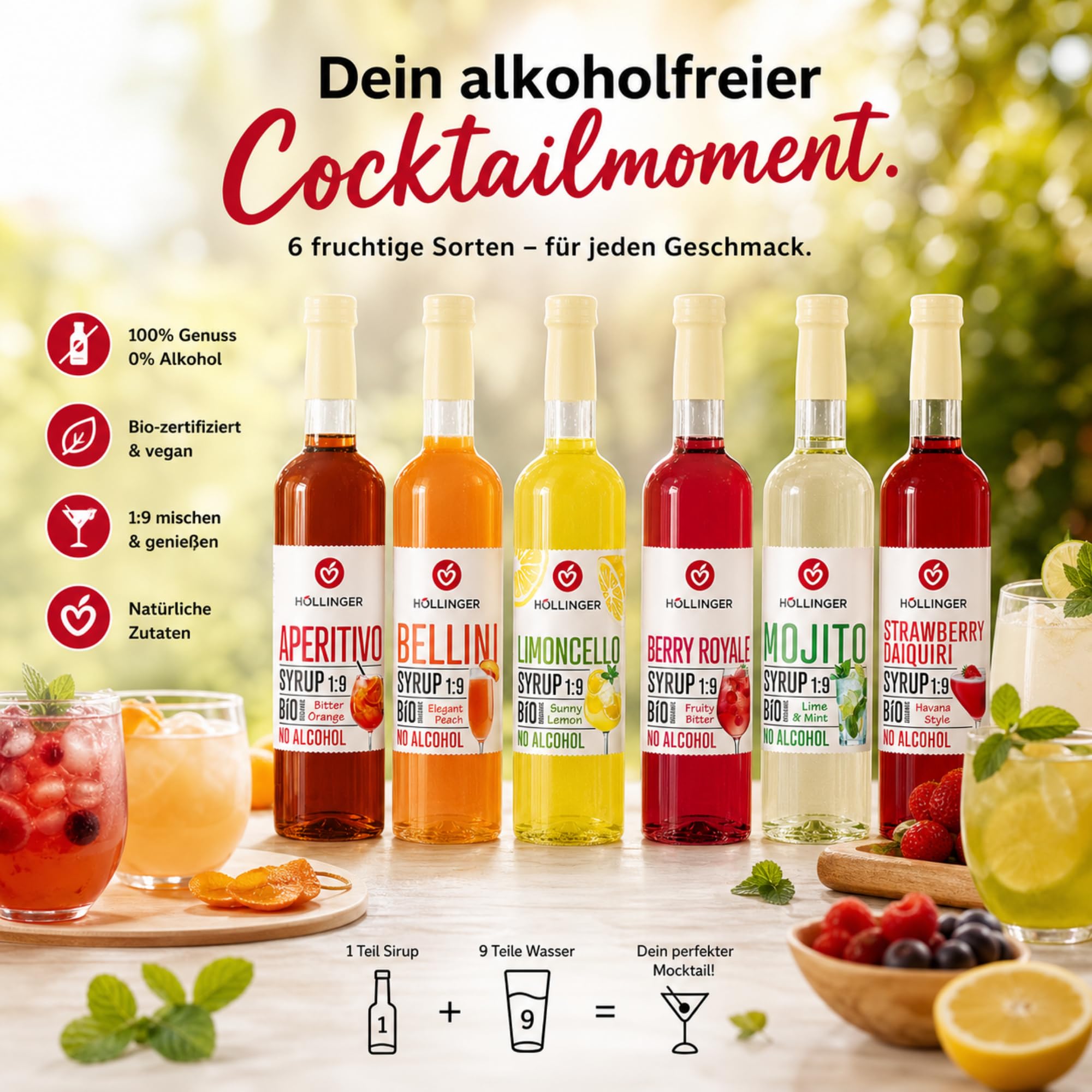Höllinger Bio Cocktail Party Mixbox alkoholfrei, 6 Sorten Sirup in Glasflaschen, Mojito, Aperitivo, Limoncello, Bellini, Berry Royale & Strawberry Daiquiri, vegan, 6 x 0,5 l