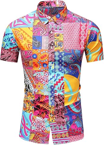 Mens Casual Printed Button Down Beach Short-Sleeve Dress Shirt