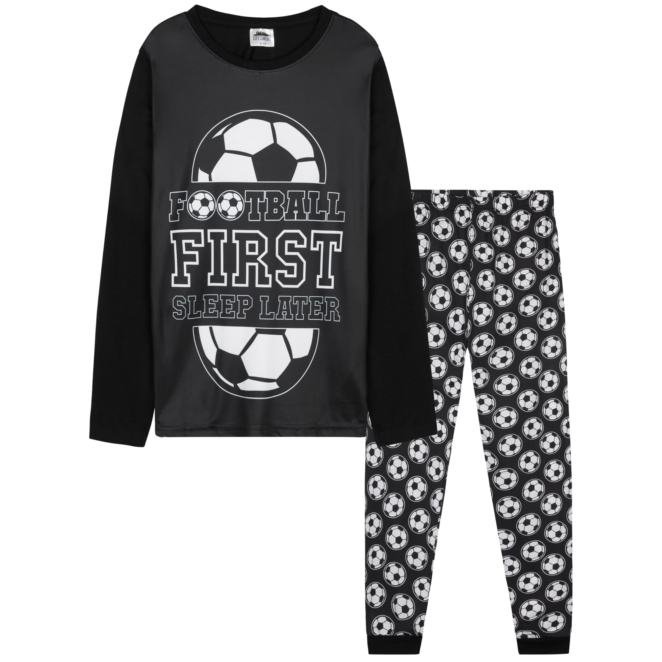 Citycomfort Boys Black Football Pyjamas Long Pjs Set Teens Football Nightwear Comfy Loungewear Soft Sleepwear Gifts For (13-14 Years, )