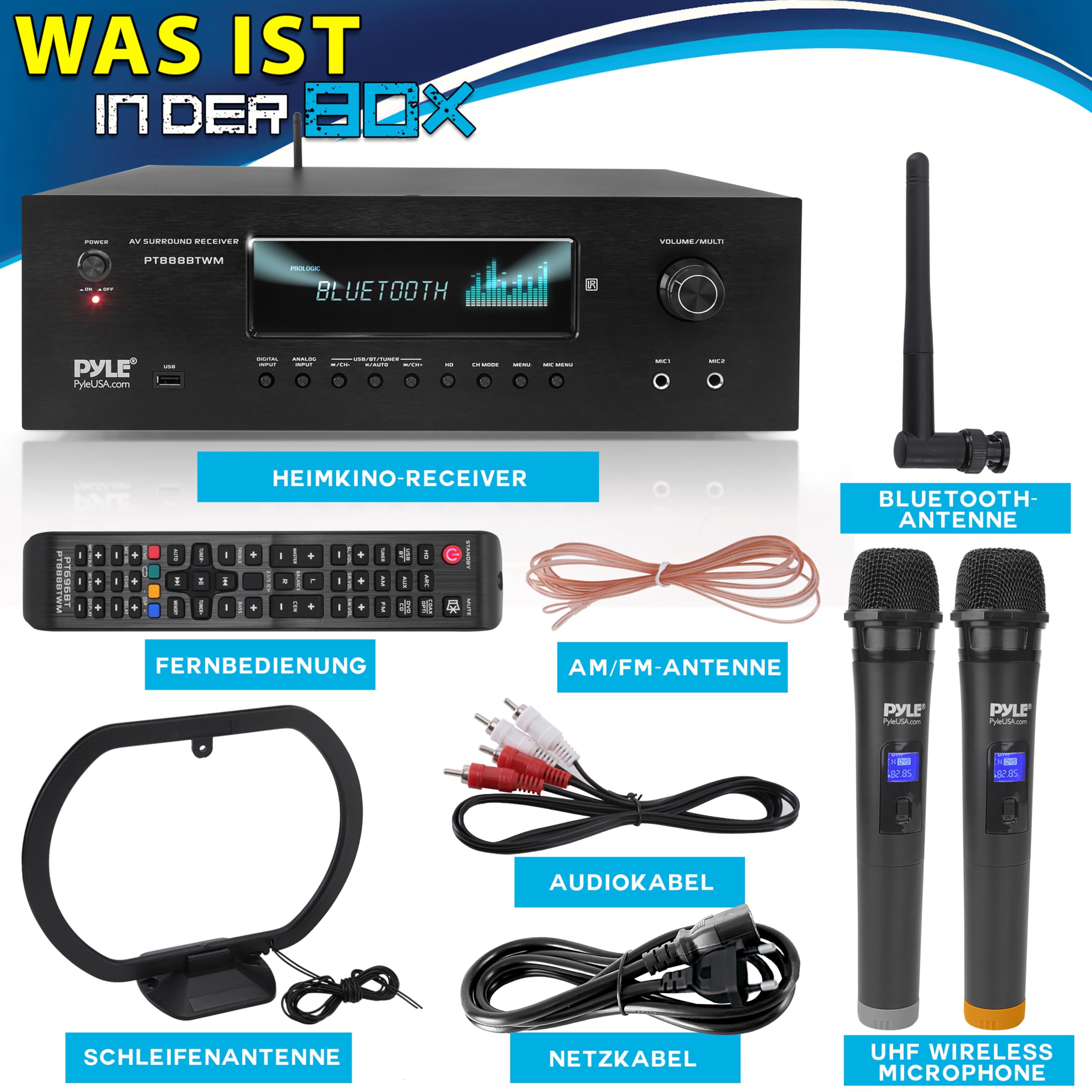 Pyle AV-Receiver 5.2 Kanal HiFi Verstärker mit Bluetooth HDMI ARC 4K Pass-Through 1000W 2 UHF-Funkmikrofone Heimkino