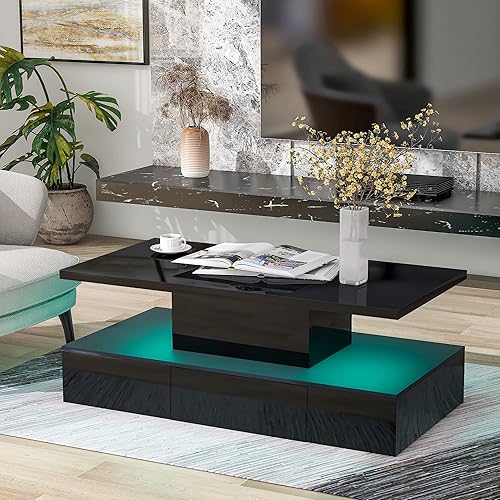 Miniatura 170 de Mesa de centro moderna con 2 cajones de almacenamiento y estantes de exhibición, mesa de cóctel rectangular con luces LED de 16 colores, ideal para