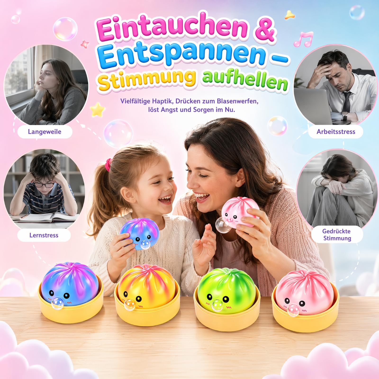 4 Stück Dumpling Squishy, Squishy Dumpling, Weiches Squeeze Stressball Fidget Toys, Mystery Squi-Shy Bun with Steamer Box Decompression Dough für Kinder Erwachsene Büro