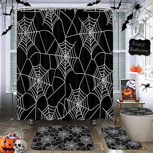 Tayney Juego de cortinas de ducha de Halloween con tapa de inodoro y alfombras antideslizantes, 4 cortinas de ducha para baño, decoración simple de