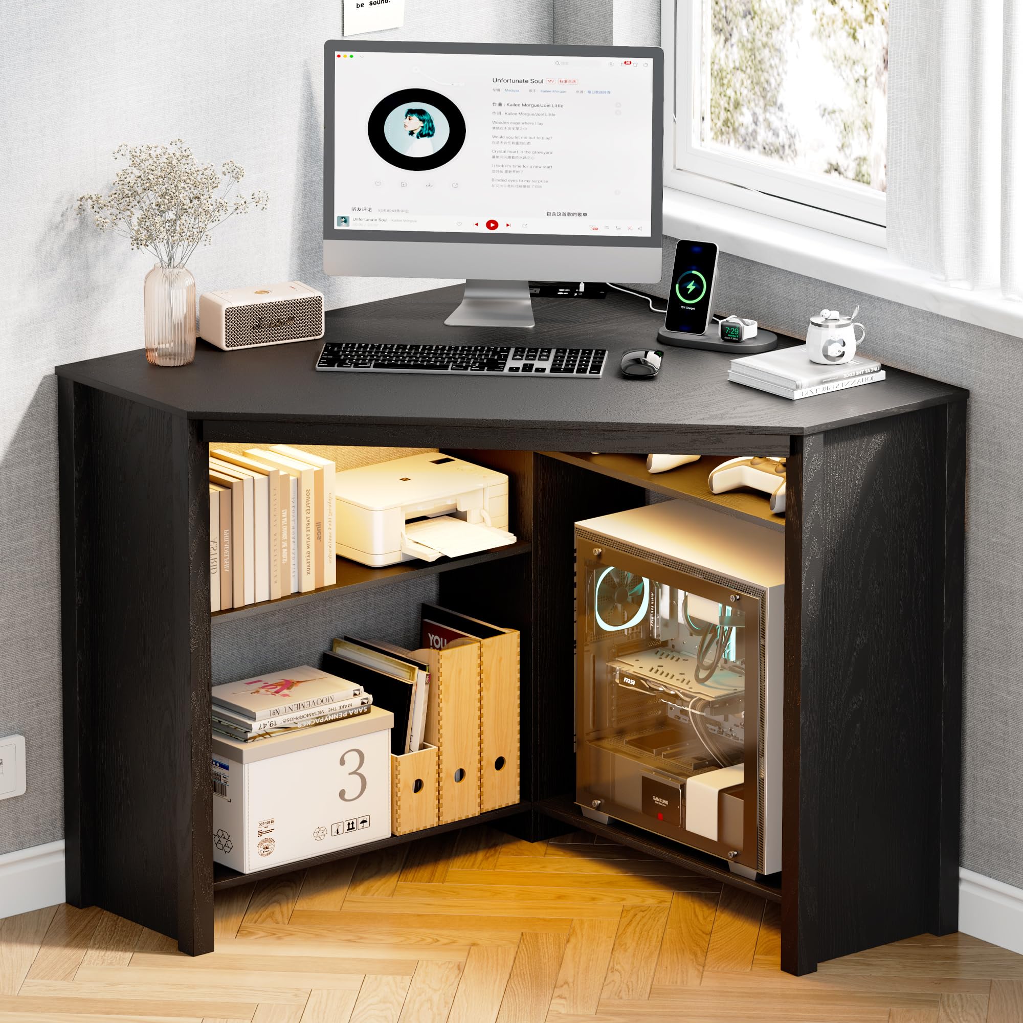 FREDEES Corner Desk with Charging Station & LED Light, Black — image 1