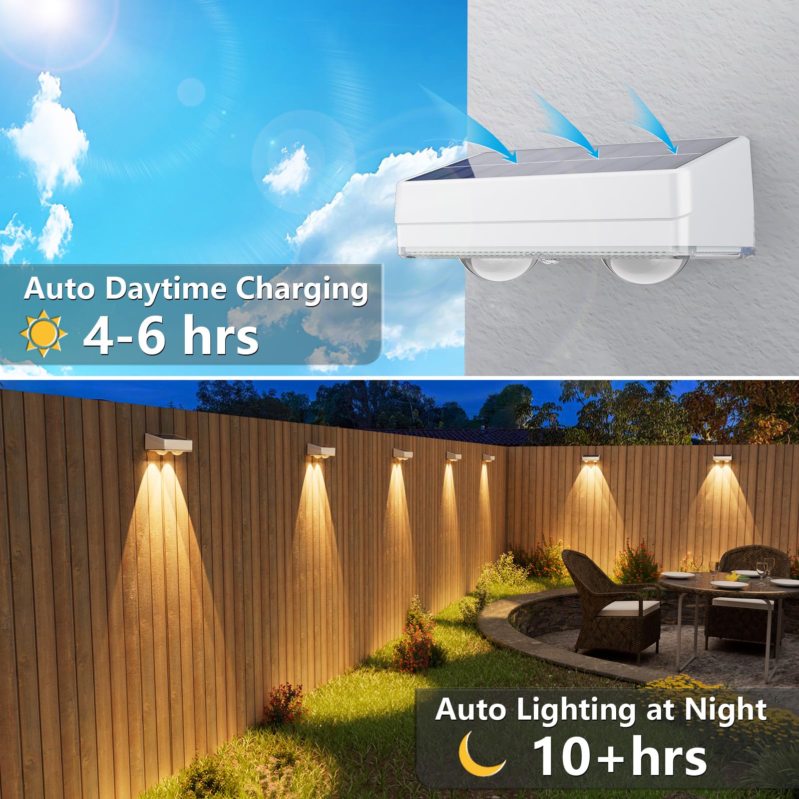 VOLISUN Paquete de 8 luces solares para valla, blanco cálido, blanco frío y color RGB, luces solares LED IP65 impermeables para exteriores, para patio, barandilla, cubierta, valla y pared (blanco)