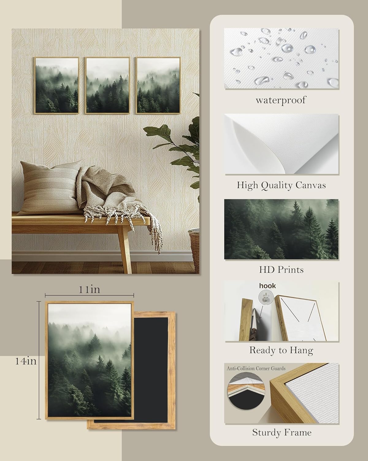 SHENIFY Green Fog Pine Tree Forest Canvas Wall Art 11x14in Framed Modern Artwork Prints Decor