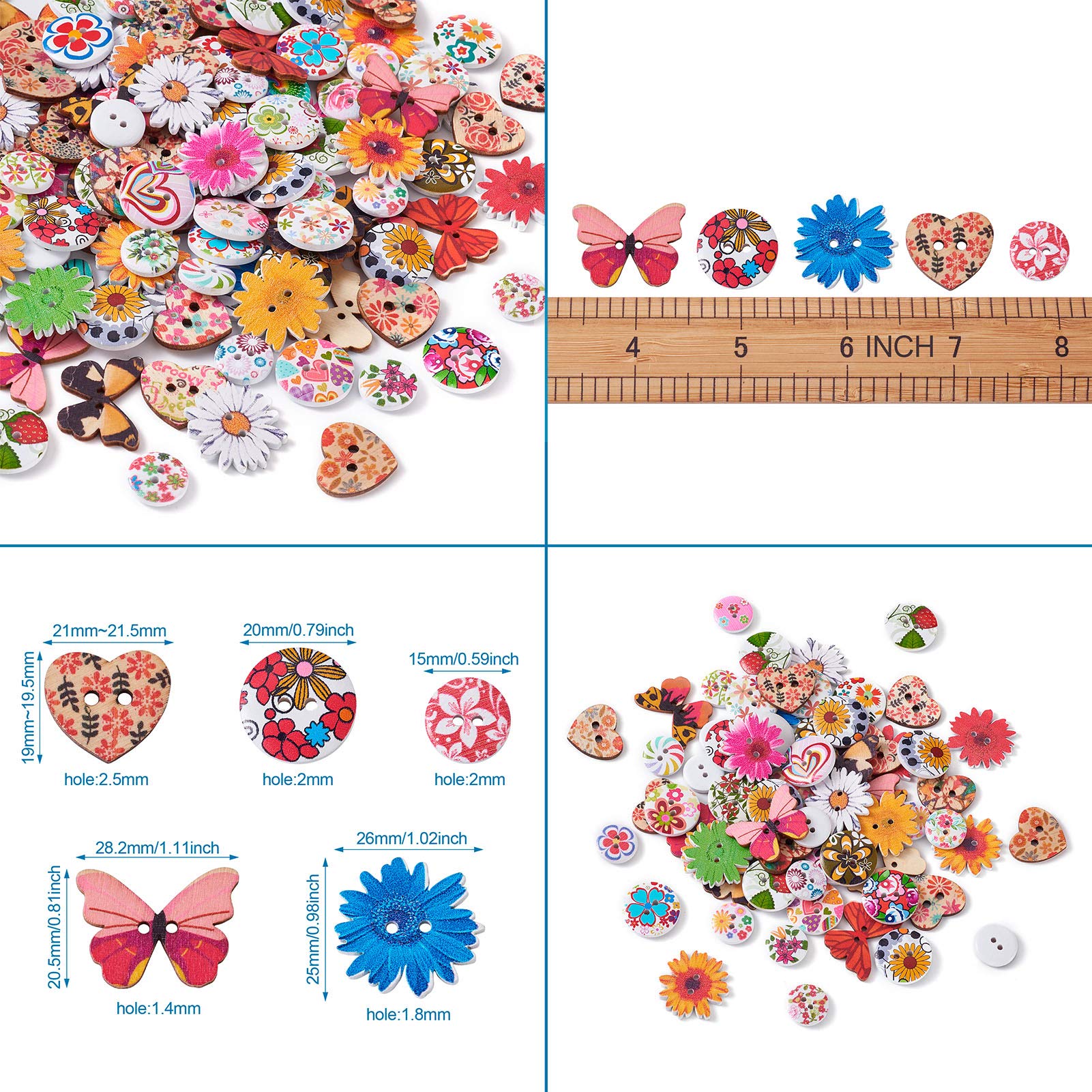 MegaPet 300 Stück bedruckte Holzknöpfe mit 2 Löchern, Herz, Blume, Schmetterling, runde Nähknöpfe mit Blumenmuster für DIY Nähprozess Dekoration