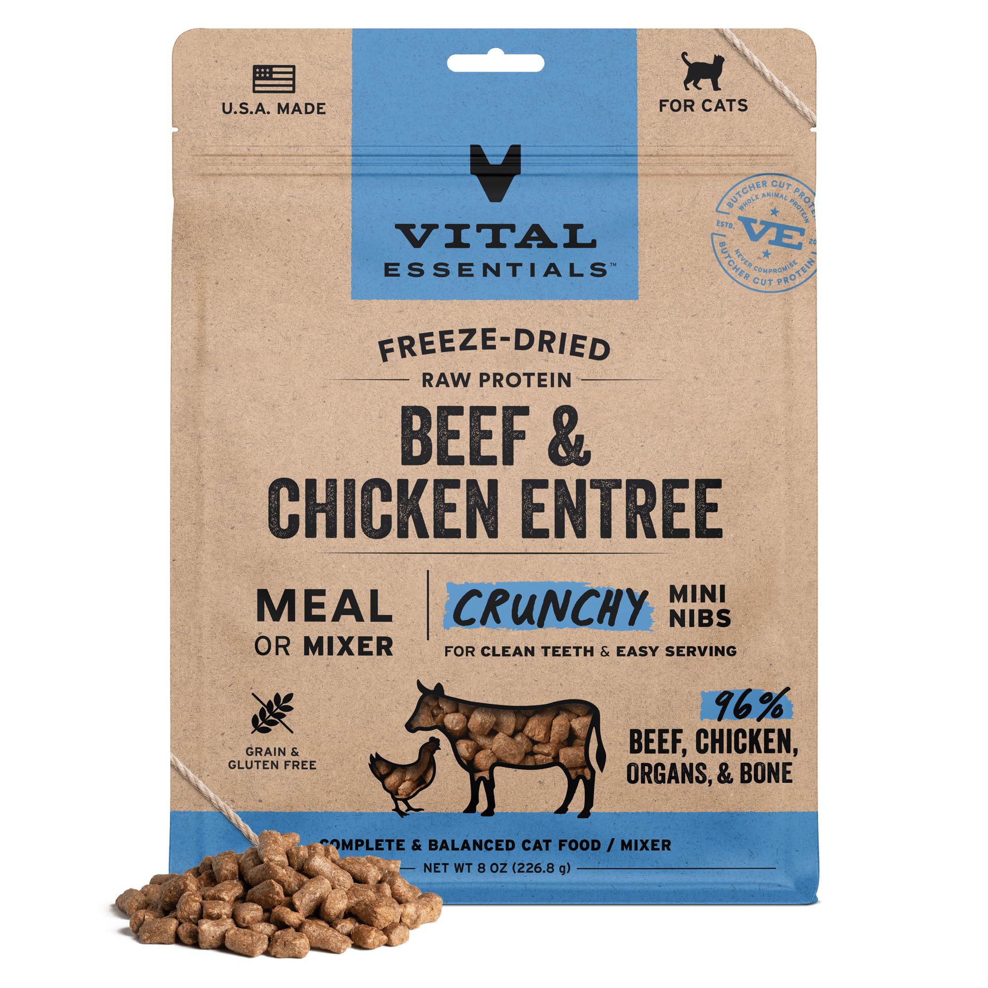 Vital Essentials Freeze Dried Cat Food, Raw Beef & Chicken Crunchy Mini Nibs | Complete Meal or Topper | 96% Beef, Chicken, Organs & Bone | High Protein, Grain Free Dry Cat Food | 8 oz Bag