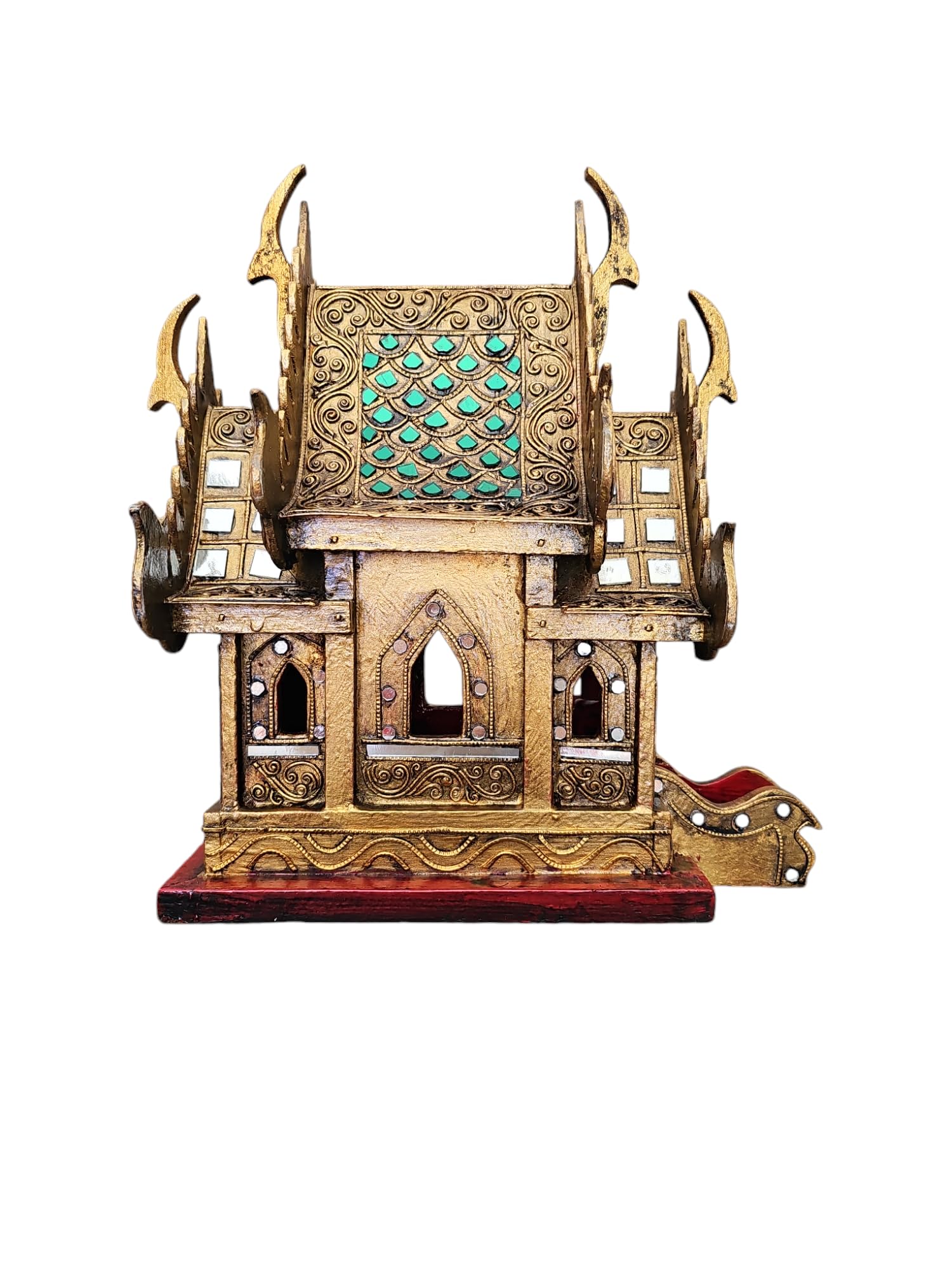 Thailändisches Geisterhaus Gold-Antik – San Phra Phum Spirit House aus Holz mit Spiegelsteinbesatz – Asiatische Dekoration & Glücksbringer – 29 cm - Handgerfertigt - Innenbereich