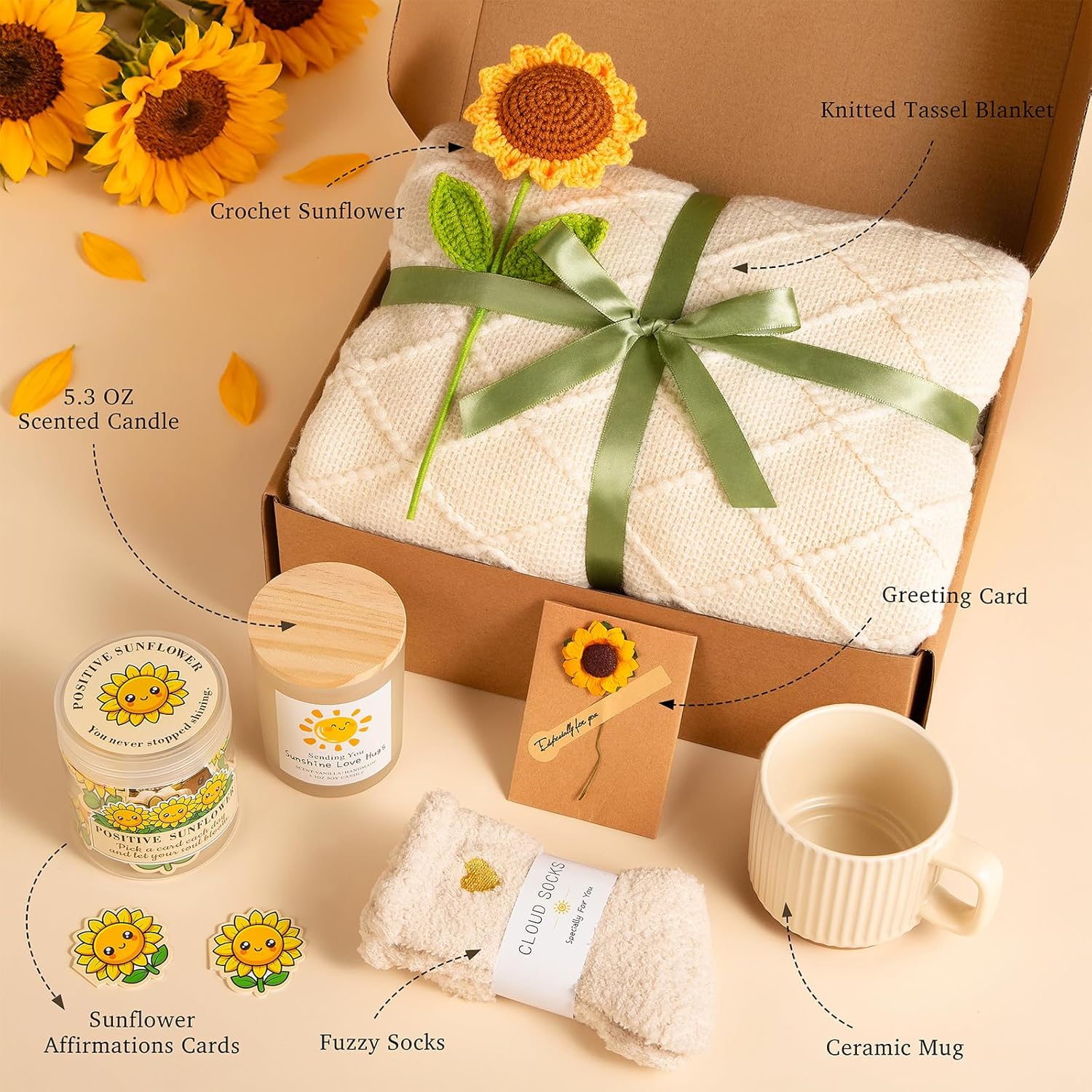 Sunflower Birthday Gift Baskets for Women-Sending Sunshine Self Care Get Well Soon Care Package W/Blanket, Unique Thinking of You Gifs for Mom Sister Her Friends Wife Grandma, Valentines Mothers Day - Image 3