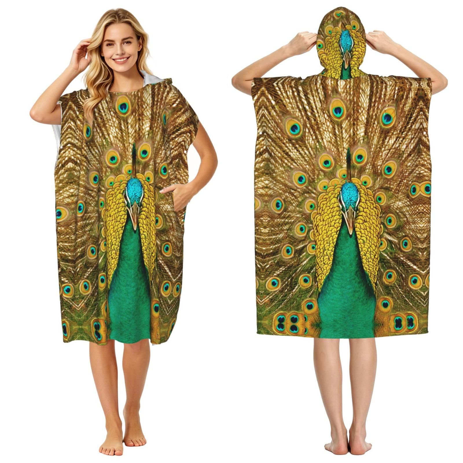 ESNAIUVCD Peacock Print Changing Robe, Hooded Towel Poncho For Swimming Pool, Beach,Quick Dry & Light Weight Towelling Poncho For Adults Women Men