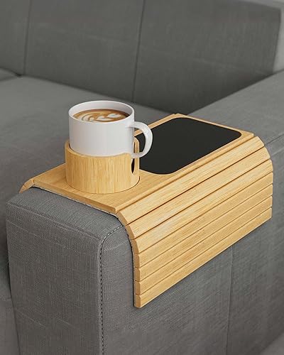 Soporte para tazas de sofá, bandeja de brazo de sofá de bambú con soporte giratorio de 360, mesa de brazo plegable antideslizante para sofá, bandeja