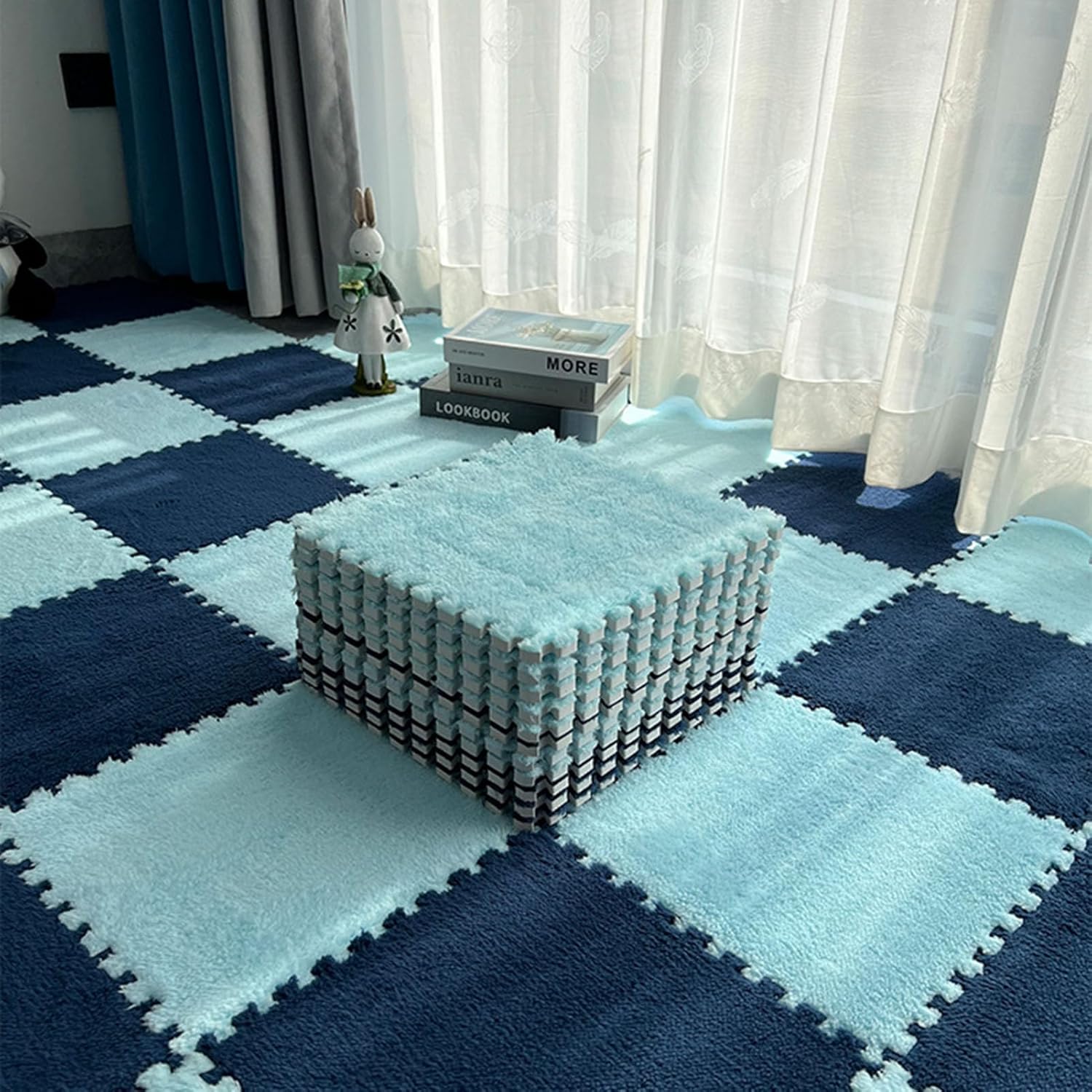 Foam Floor Tiles 10 Pieces 12"x12" Plush Puzzle Mat with Border Square Interlocking Carpet Fluffy Area Rug Non-Slip Playmat for Parlor Bedroom(Color:Dark Blue+Light Bl