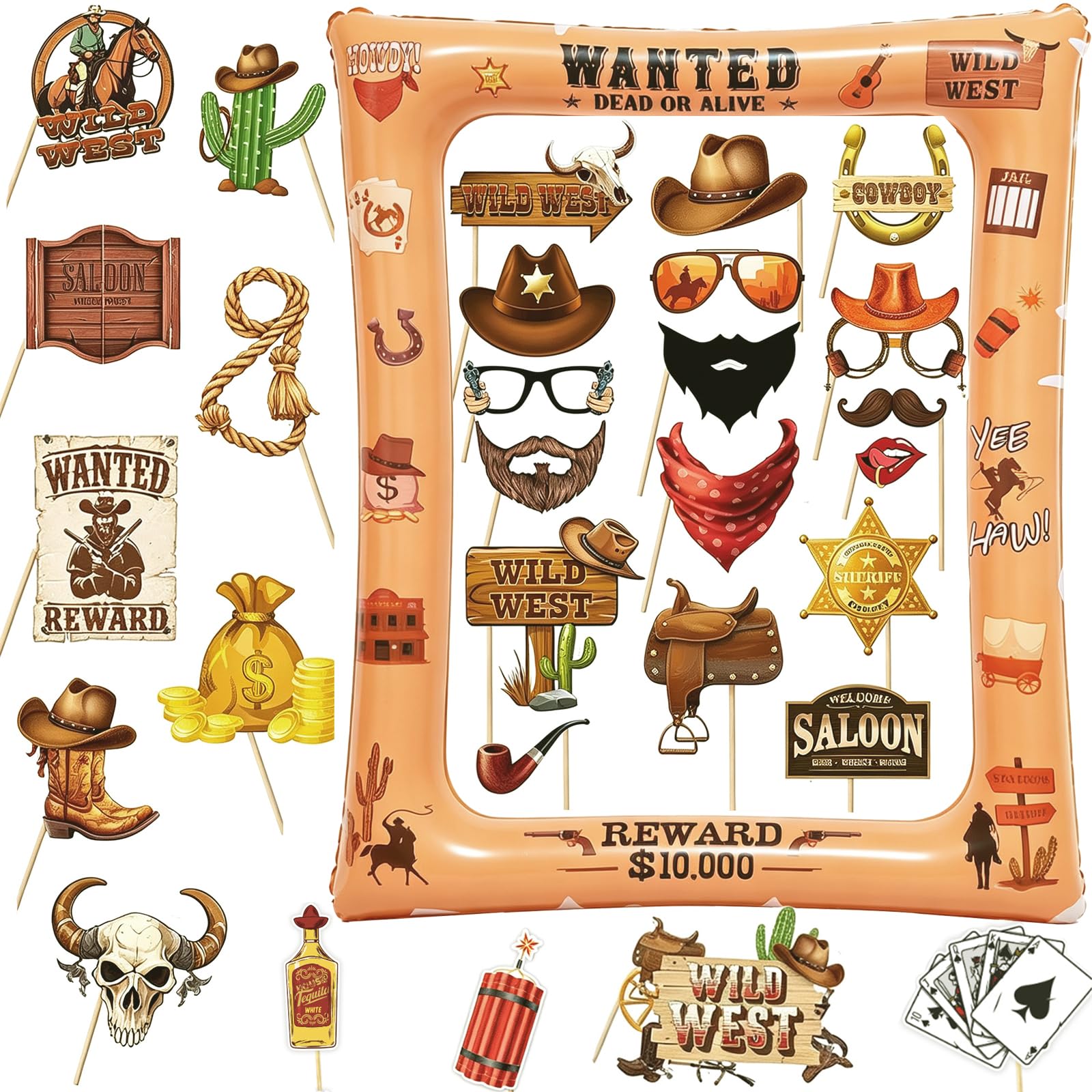 30Pcs Wild West Western Photo Booth Props Set with Giant Cowboy Inflatable Photo Booth Frame, Country Western Cowboy Cowgirl Party Decorations for Birthday, Saloon Theme, Rodeo Country Party Supplies