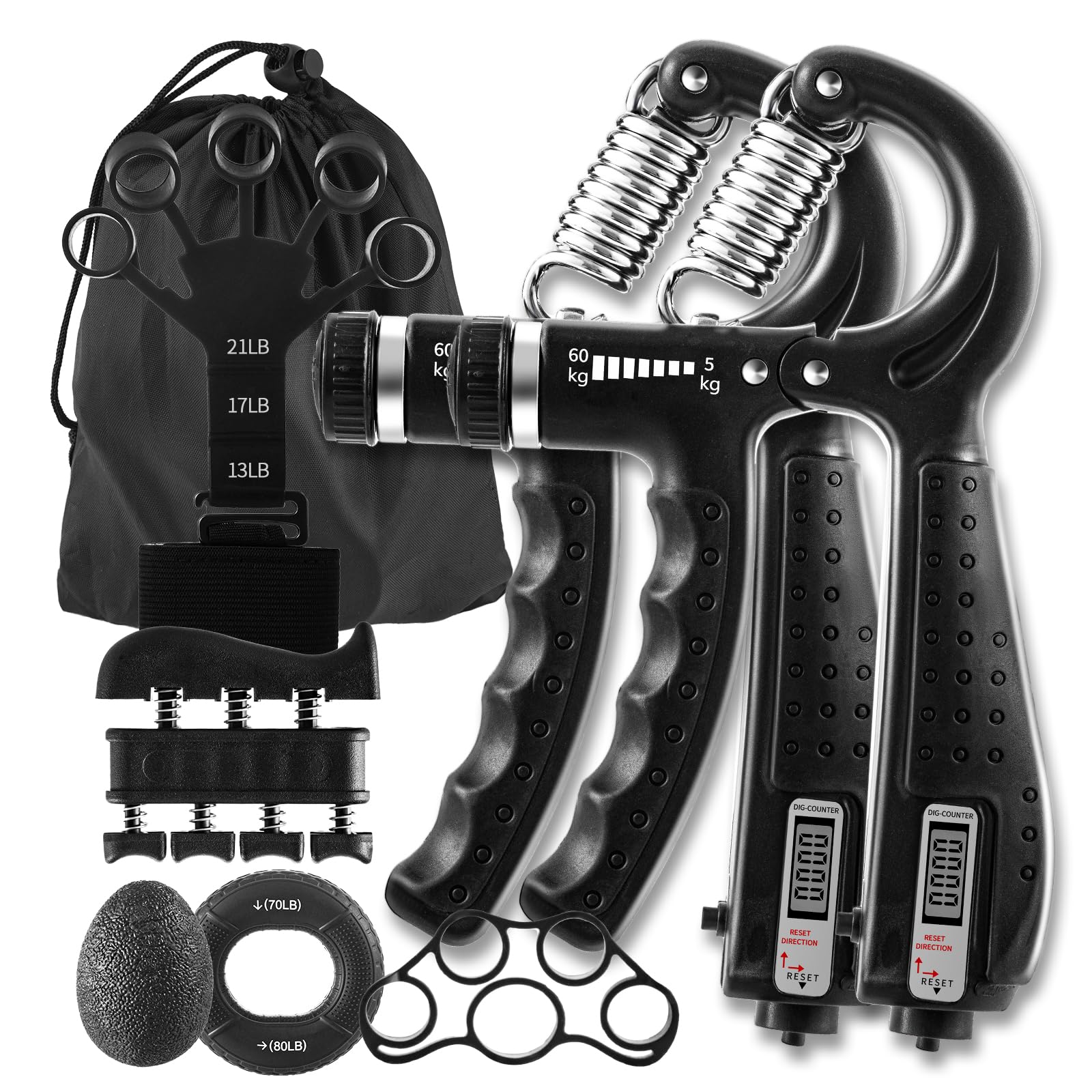 Hand Grip Strength Trainer Kit - 5 Pack with Adjustable Resistance with 2 Finger Extenders Finger Exerciser Forearm Workout Ring Exercise Equipment Gray