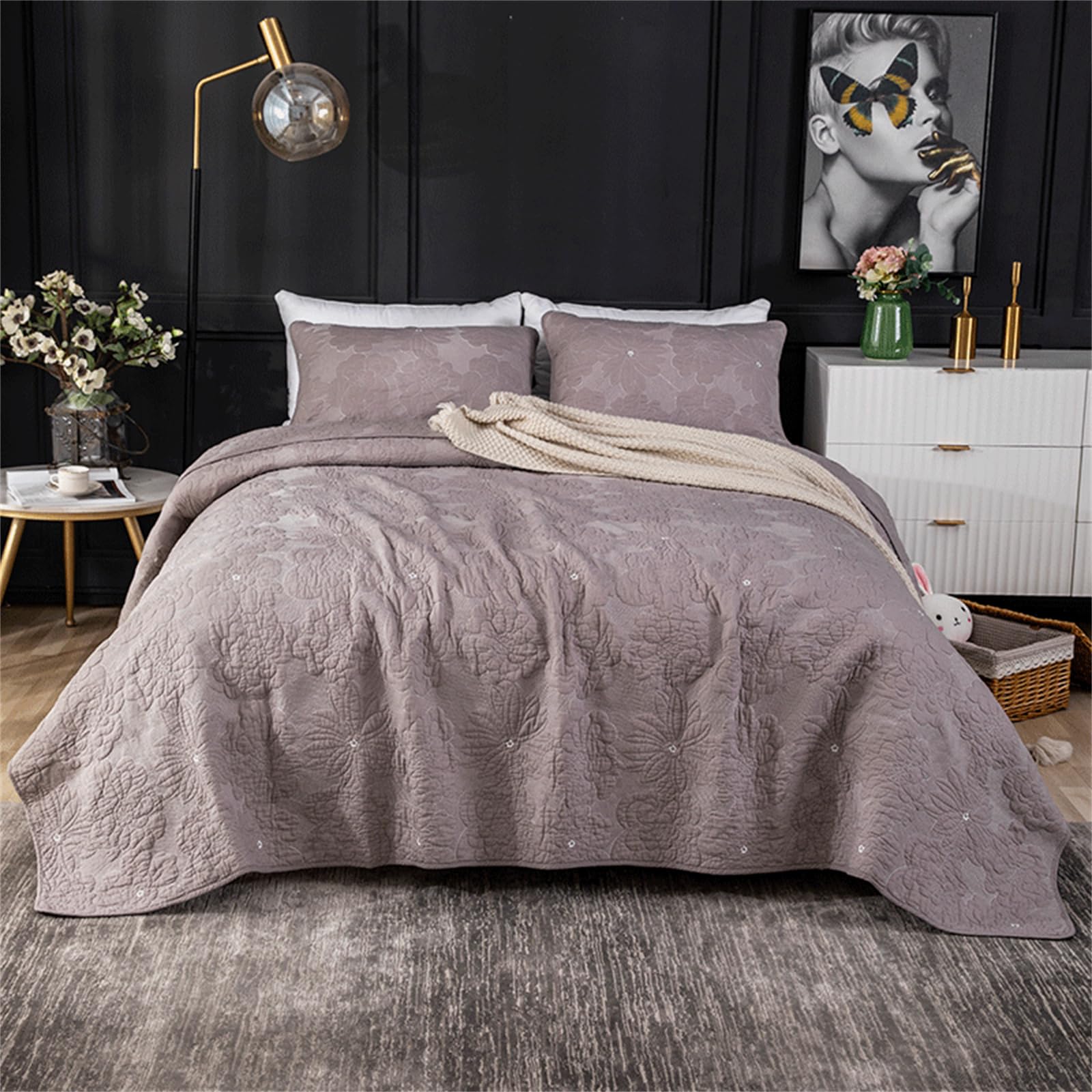Odot Colcha Verano para Cama 230/250, Colcha Bouti Fina con 2 Fundas de Almohada Colcha Acolchado Ligera Suave para Colcha Cubre Cama Multiusos (250 * 270+50 * 70cm,Gris-marrón)