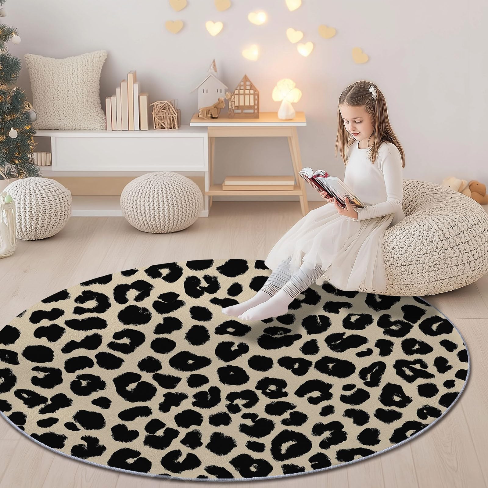 Générique Tapis Rond 160 cm Salon, Design Minimaliste Abstrait Imprimé Léopard Déco Crème Tapis Lavable en Machine et Antidérapant - Idéal Bureau et Fauteuil Roulant Style Moderne