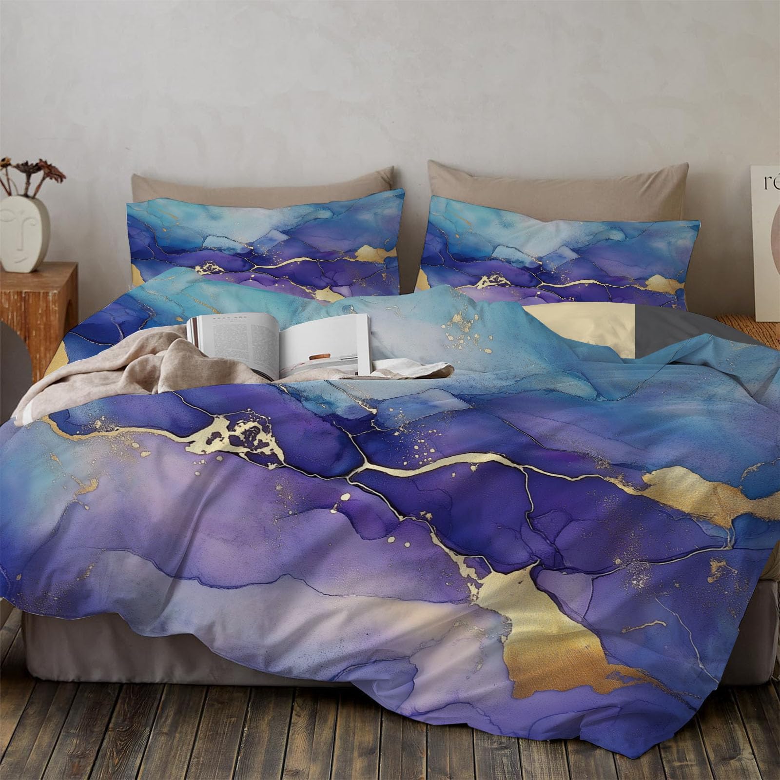 Housse de couette 220x240 violet doré motif craquelé 3D en microfibre