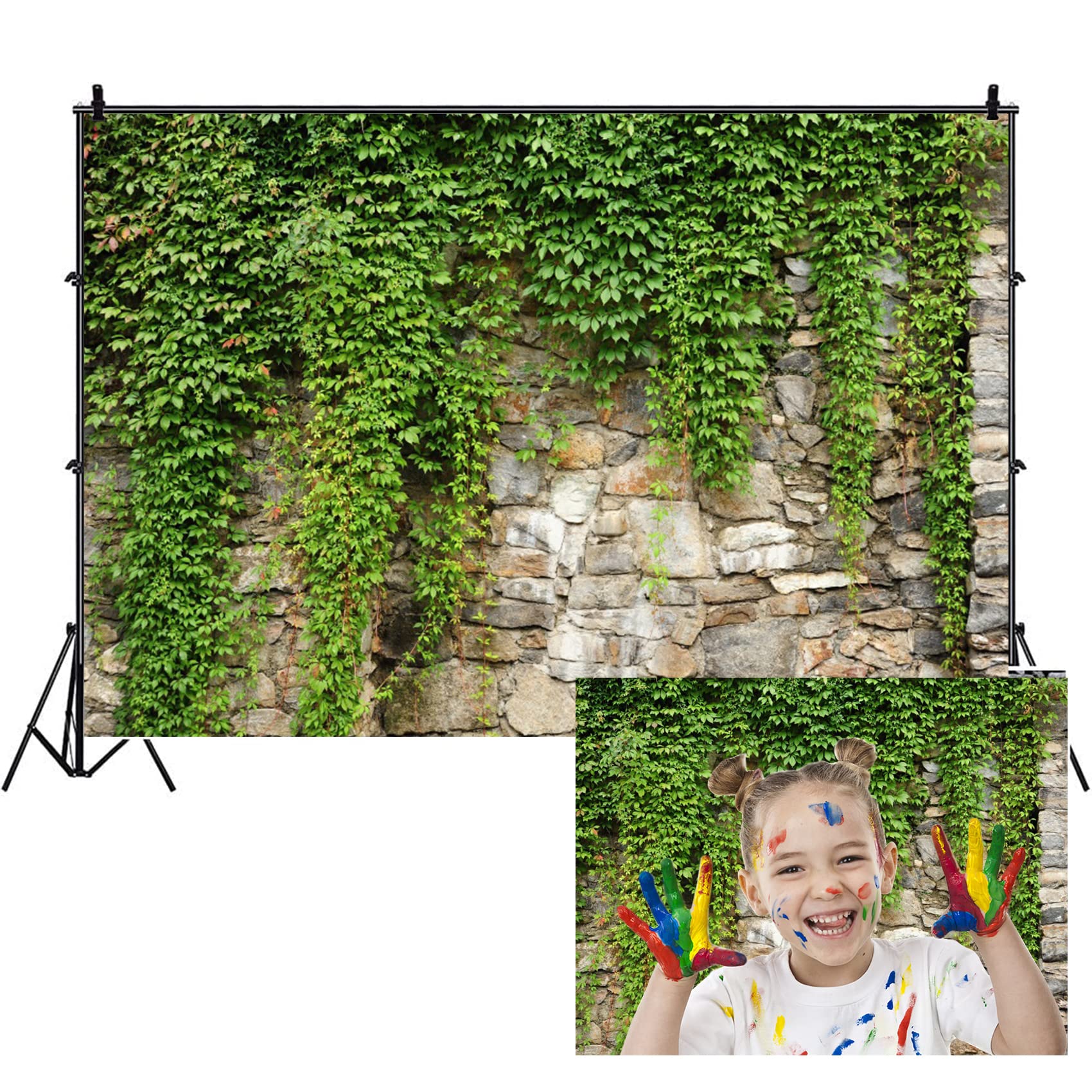 10x8ft Garden Green Leaves Backdrops Stone Wall Background Stone Wall Greenery Banner Vane Branch Covered Vintage Portrait Shoot Landscape Kids