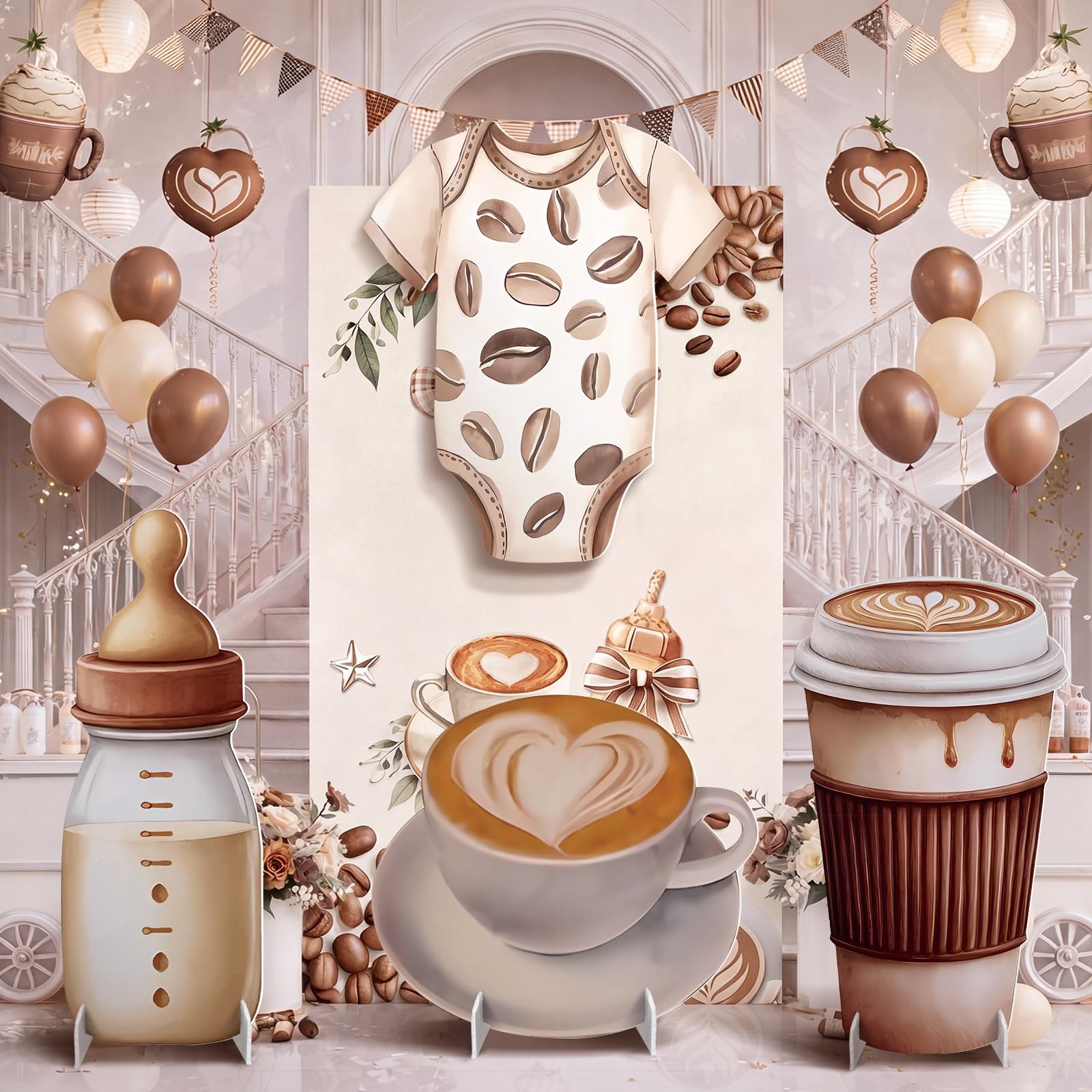 4 Pcs Baby is Brewing Cardboard Cutout Standup Life Size Baby Shower Decorations, Coffee Themed Cardboard Cutouts for Gender Reveal Birthday Party Photo Backdrop Favors