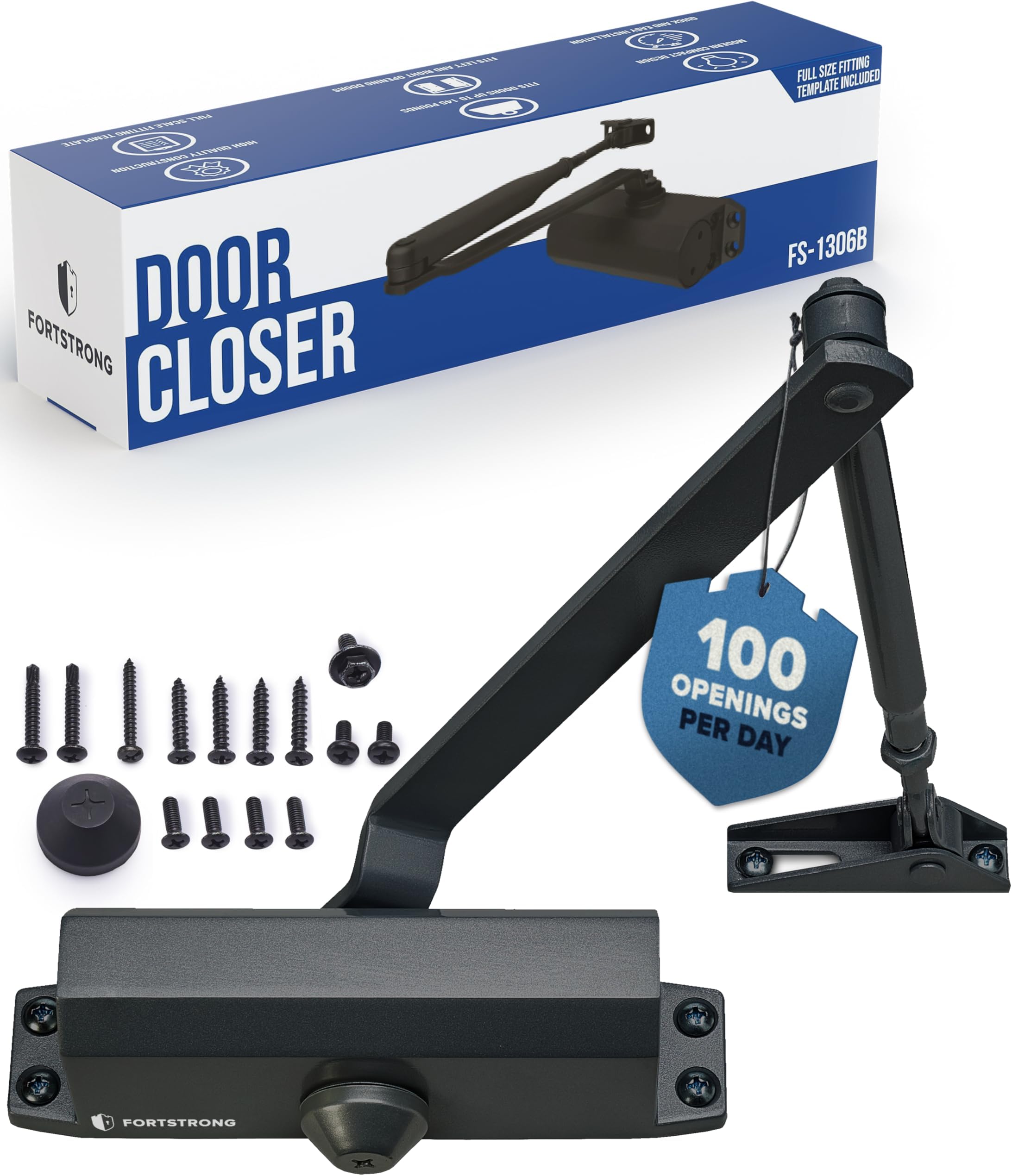 Door Closer Black FS-1306B Automatic Adjustable Mechanism Grade 3 Spring Hydraulic Auto Door-Closer with Easy Installation Life Size Fitting Template & Instructions & Installation Video