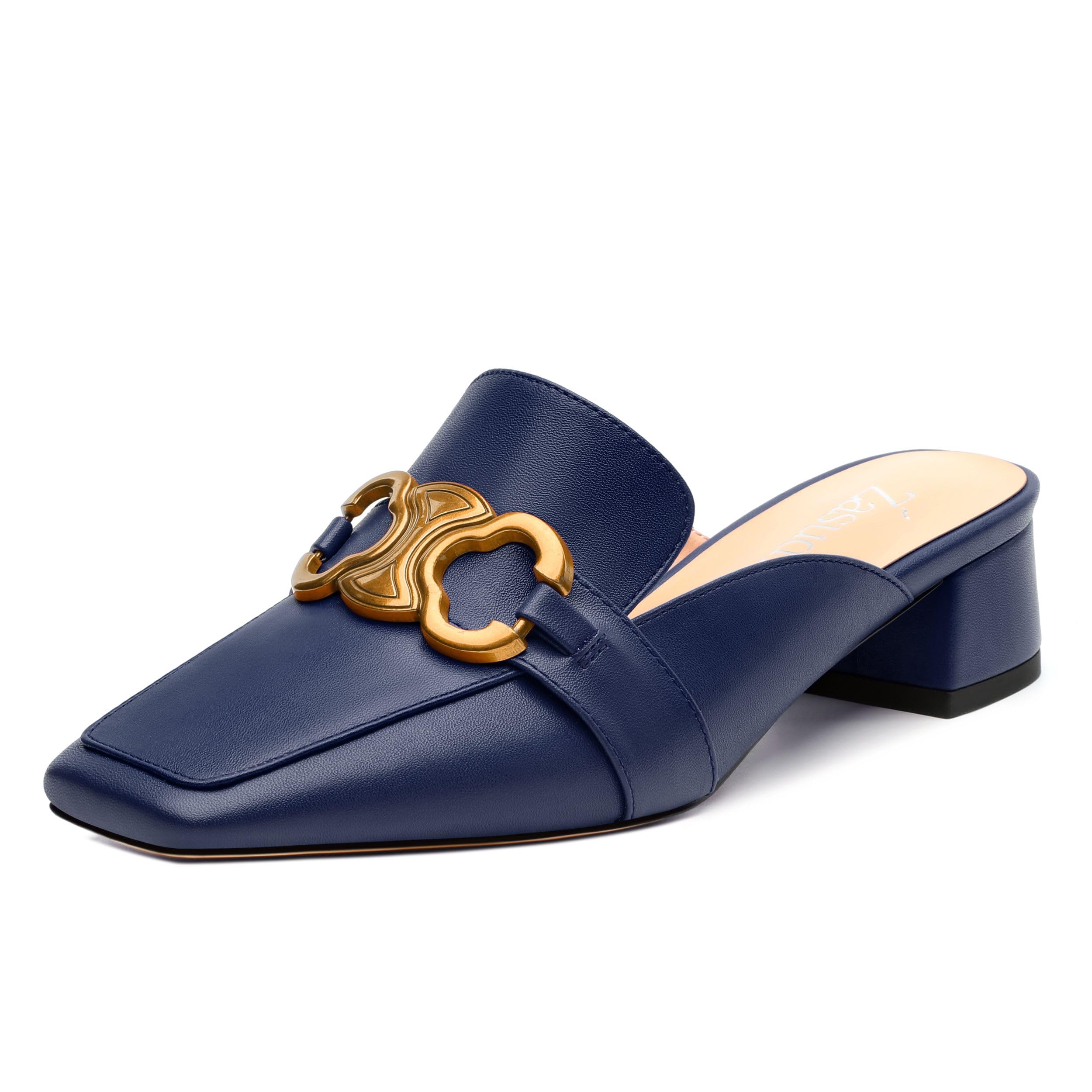 zasudxie Mules Shoes for Women, Women's Chunky Mules Square Toe Slip on Comfortable Dress Casual Low Heel Metal Buckle Backless Slides Loafer Shoes