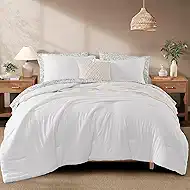 Monbix Queen Comforter Set - 7 Pieces White Prewashed Bed in a Bag Queen Bedding Sets with Comforters, All Seasons Ultra Soft Comforter Bed Set with Sheets, Pillowcases & Shams