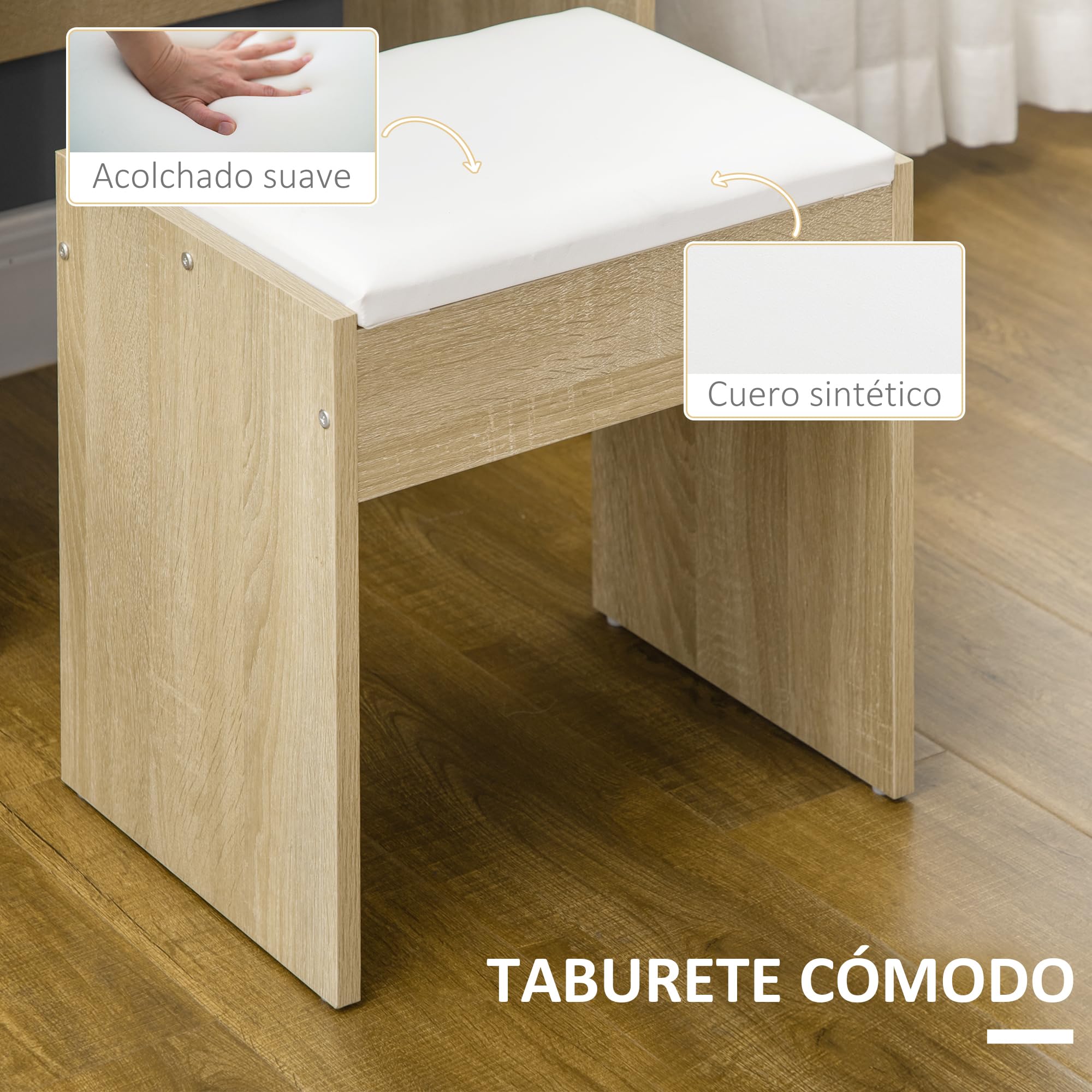 HOMCOM Tocador de Maquillaje con Taburete, Tocador con Espejo, 4 Cajones, Estantes, Compartimentos Abiertos, Estilo Moderno, para Dormitorio, Vestidor, 80x38x143 cm, Natural