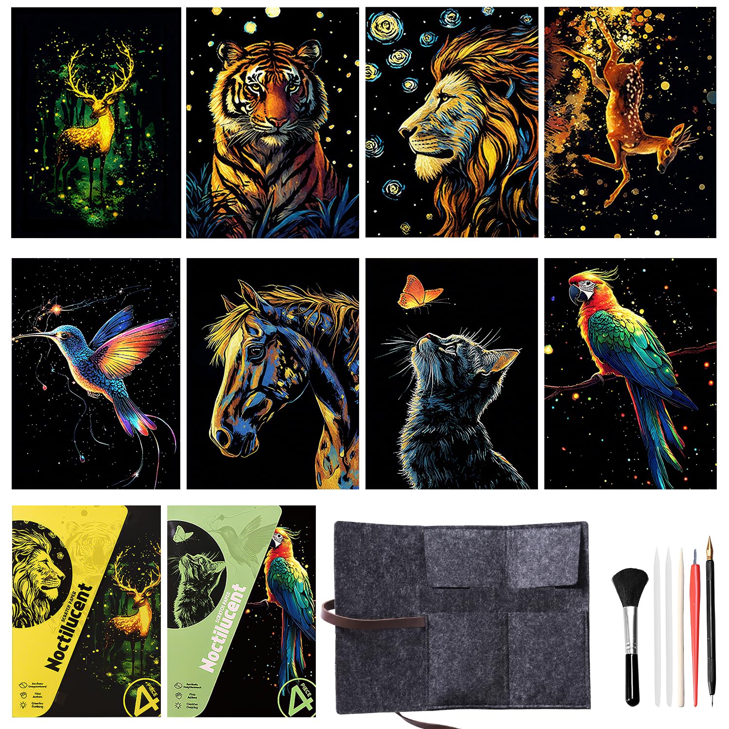 Rainbow Scratch Art Kit - 8-Piece Set with Luminous Notes & Scratching Tools for Kids and Adults, Creative Animal Design Art Supplies