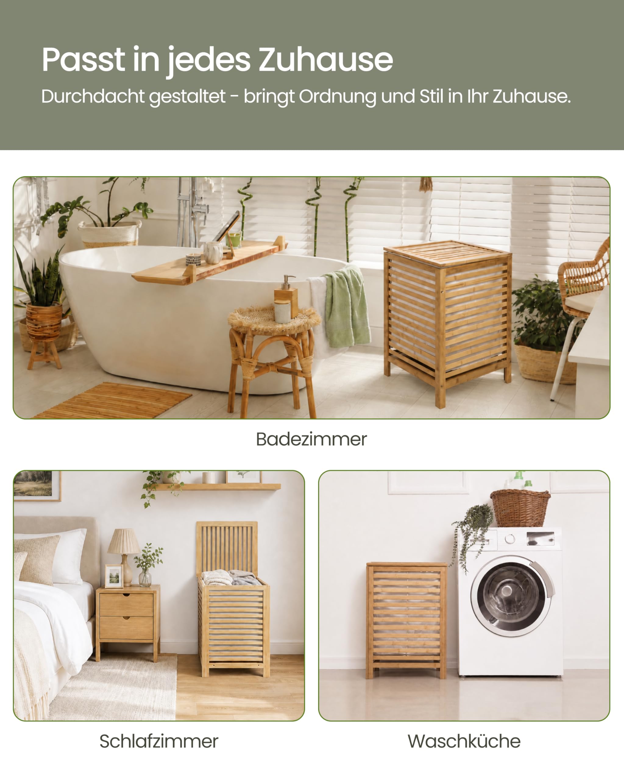 G21 Bambus Wäschekorb mit Deckel 80L 2 Fächer, Stabiler Wäschesammler mit Henkel, Großer Wäschekorb mit herausnehmbarem maschinenwaschbarem Wäschesack - laundry basket