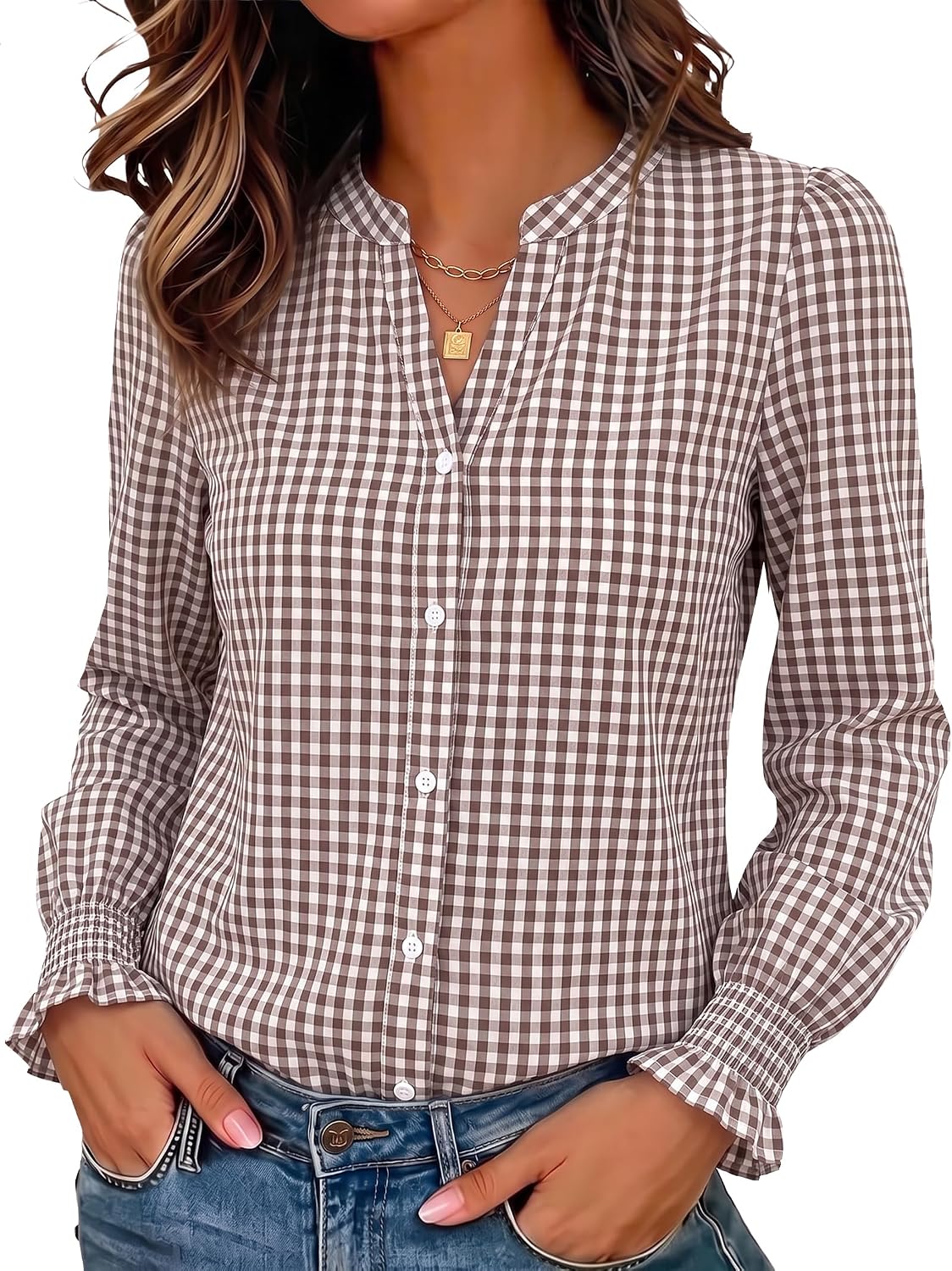 Funlingo Button Down Shirts for Women Long Sleeve Blouse Business Work Tops