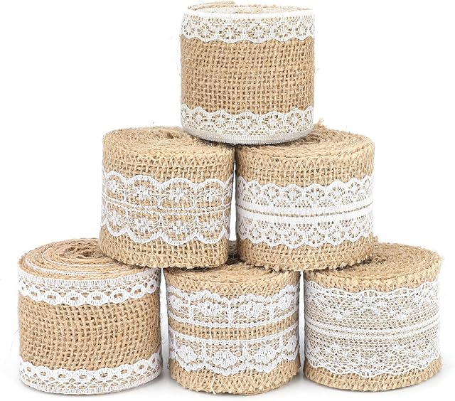 G2PLUS Hessian Burlap Ribbon with Lace, 12M Natural Jute Trim Craft Ribbon, Rustic Hessian Themed Tape for Gift Wrapping and Crafts