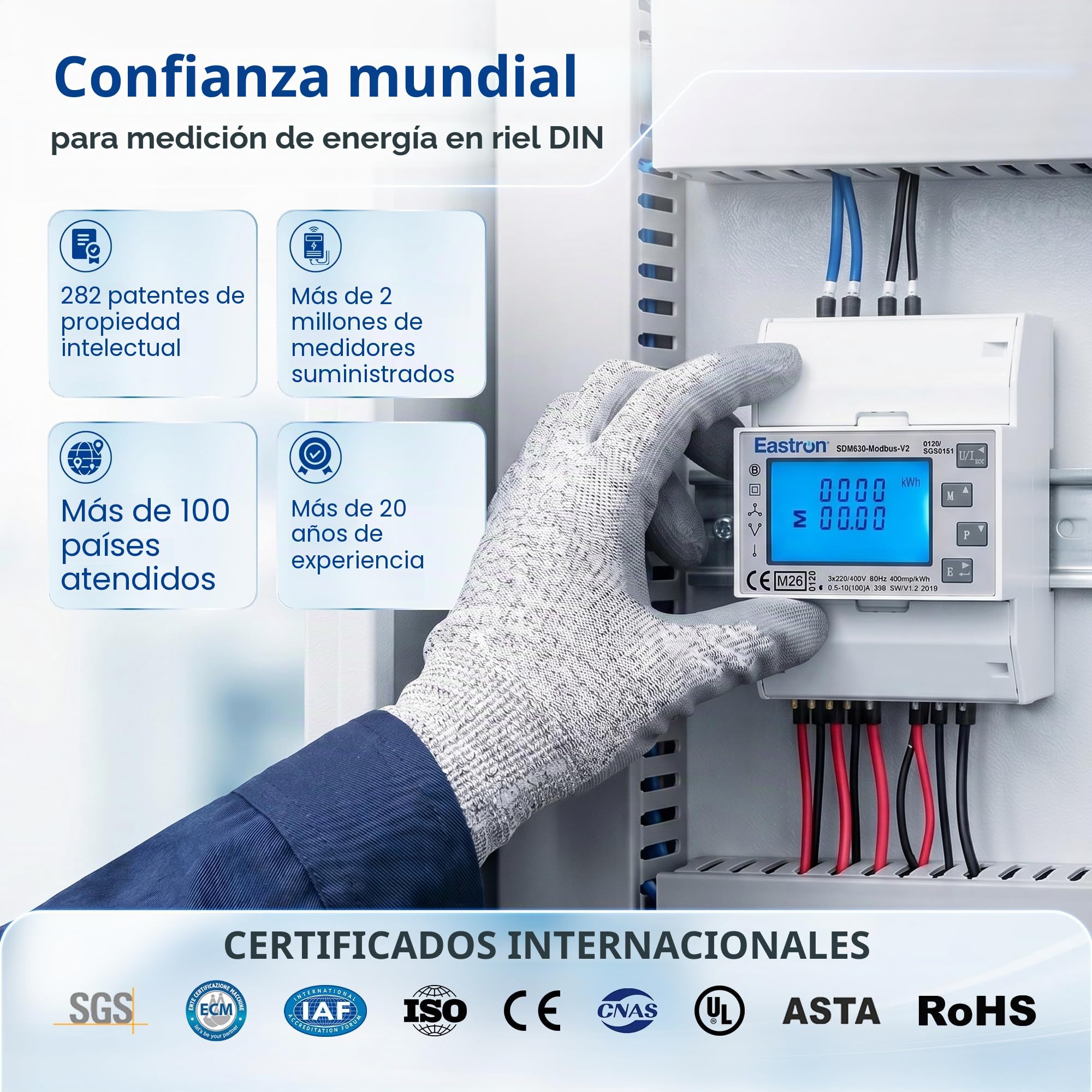 SDM630 Modbus Trifásica, Medidor de Energía Eléctrica,100 Amp kWh DIN-Rail Power Meter, Pulsmeter Modbus RS485 RTU. Pantalla táctil LCD digital con retroiluminación. Certificado MID/calibrado