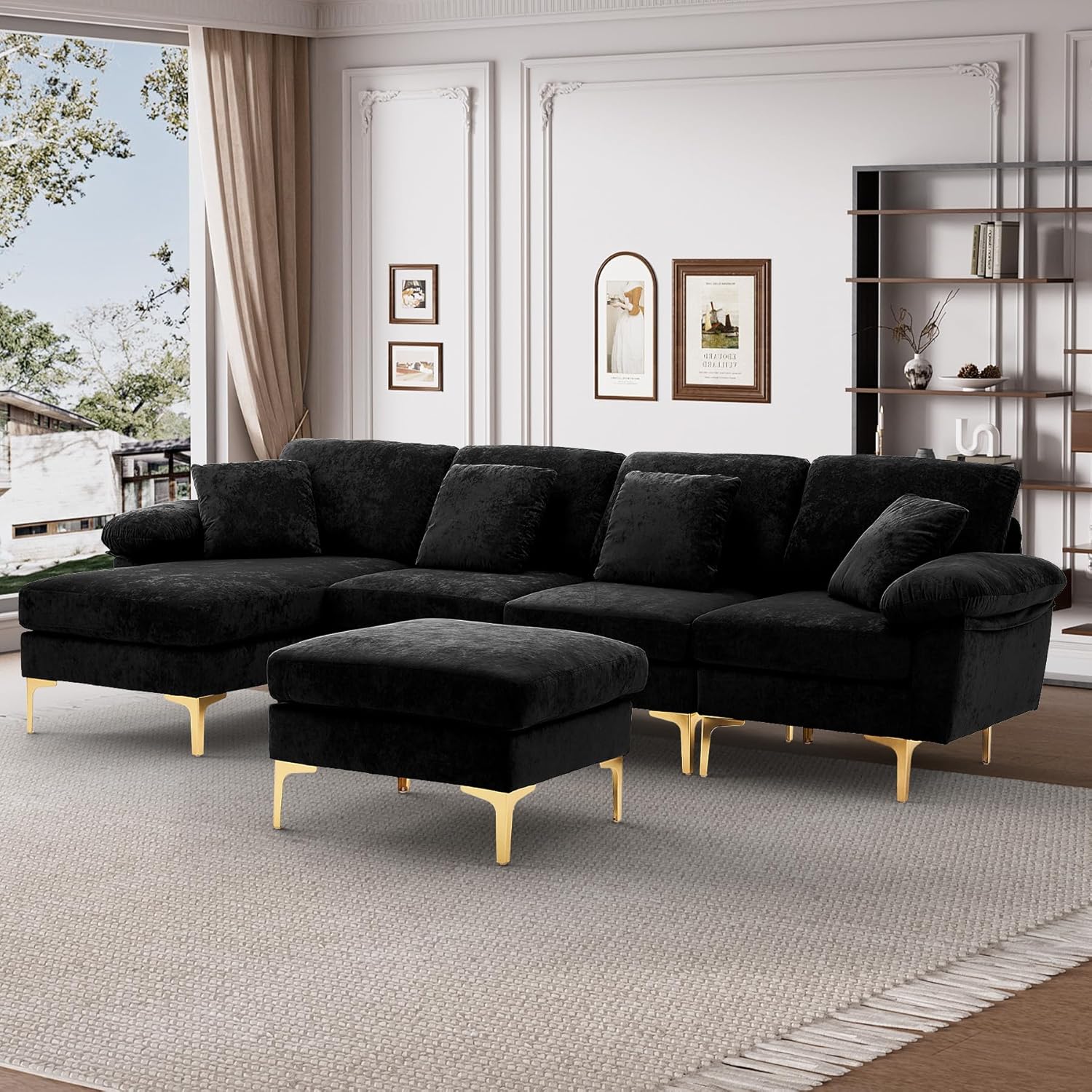 U Shaped Sectional Sofa Couch, 114" Convertible L Shaped Sofa with Chaise Lounge & Ottoman, Modern Oversized Modular 4 Seat Sleeper Sofa Set for Living Room Office, Dark Black Velvet