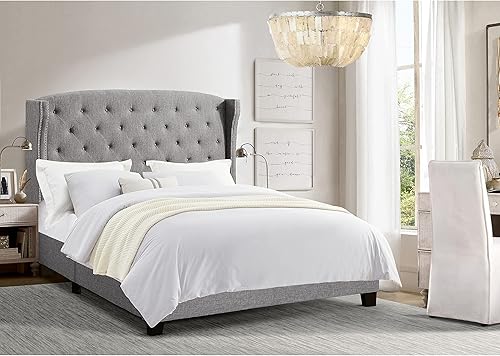 Rosevera Marco de cama con plataforma acolchada, cama francesa, cama occidental, cama Cardiff con respaldo recortado de cabeza de clavo y cabecero