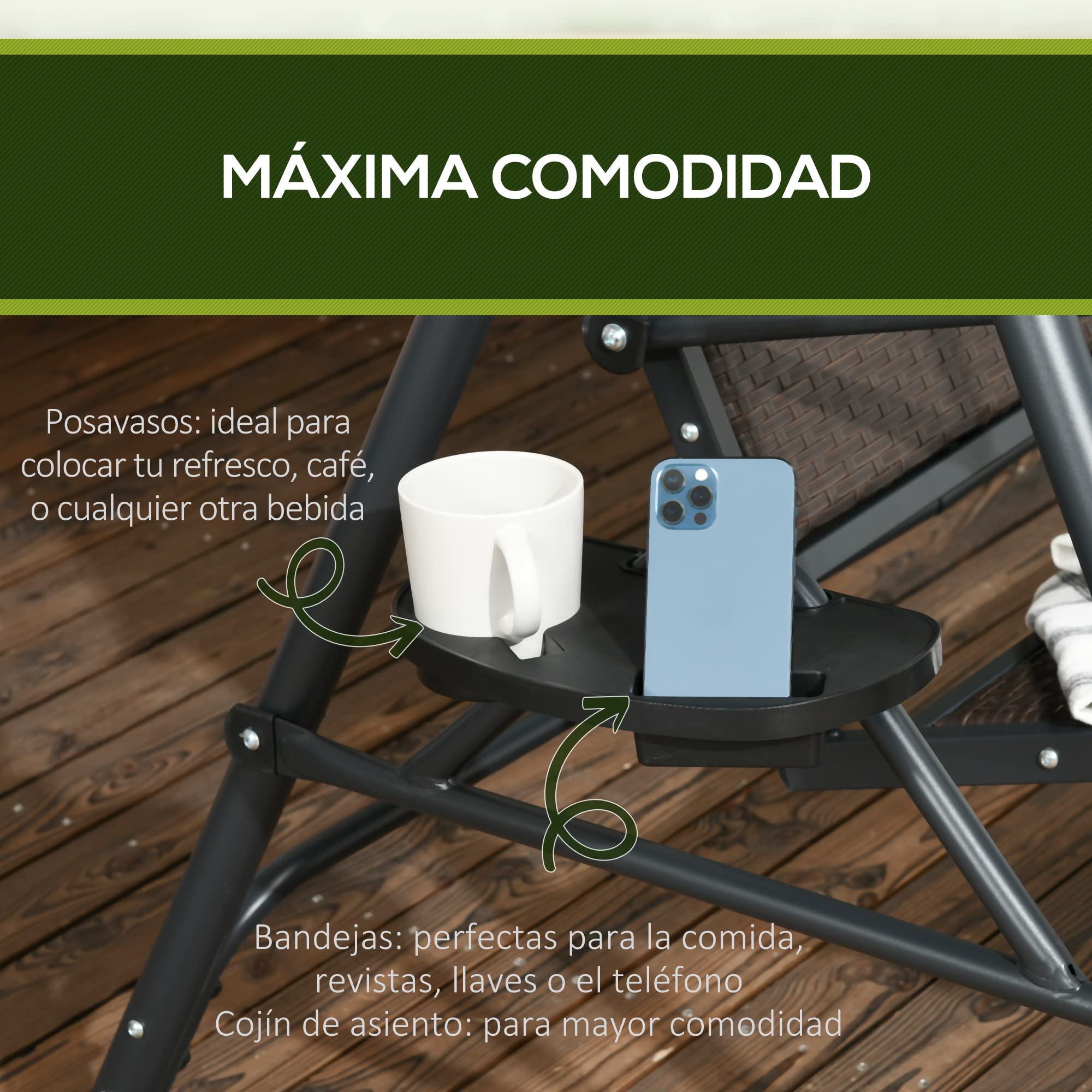 Outsunny Columpio de Jardín de 3 Plazas Banco Balancín para Exterior con Toldo Ajustable Asiento de Ratán 2 Portavasos 2 Bandejas y Marco de Acero Carga 320 kg para Terraza Patio 204x112x150 cm Gris