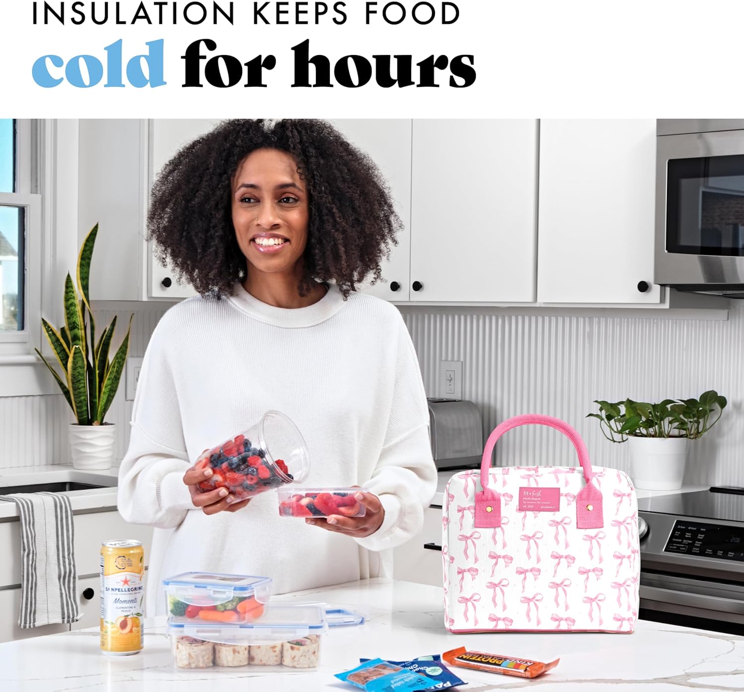 Fit & Fresh Bloomington Lunch Bag for Women - Insulated Large Lunch Box for Work with Containers, Leak-Resistant, Stain-Resistant, Zipper Closure, Pink Bows - Image 5