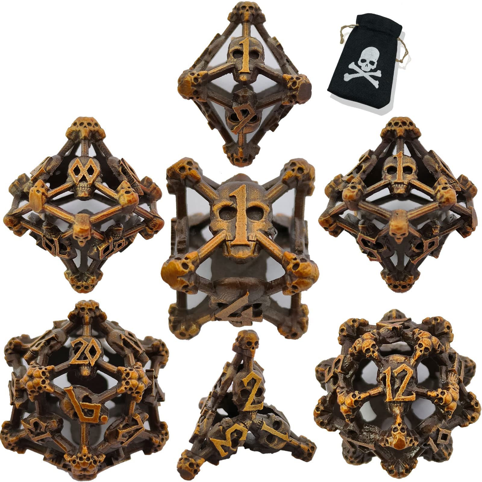 WZLHJRAR Juego de dados DND – Juego de dados de metal hueco RPG – Juego de dados poliédricos DND de 7 piezas de calaveras para (mazmorra y dragones) Warhammer MTG, juego de dados D20 – Oro antiguo