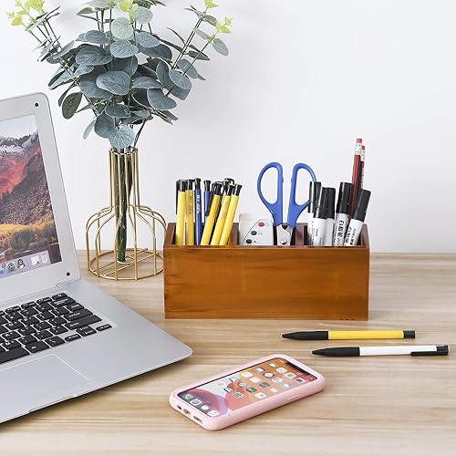 Miniatura 3 de dedoot Soporte remoto de madera para lápices, 3 compartimentos, organizador de madera marrón, 3 secciones, soporte rústico de control remoto para