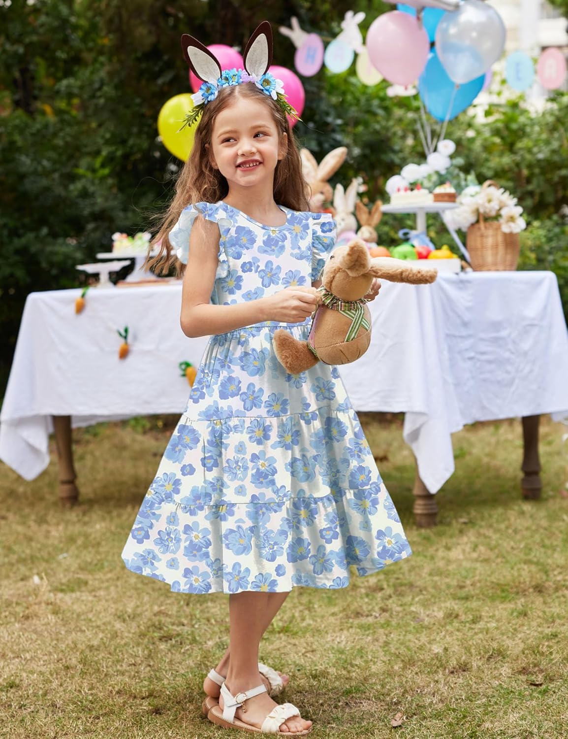 Arshiner Toddler Dress Girls Summer Ruffle Sleeve Tiered Swing Midi Casual Sundress with Pockets - Image 5